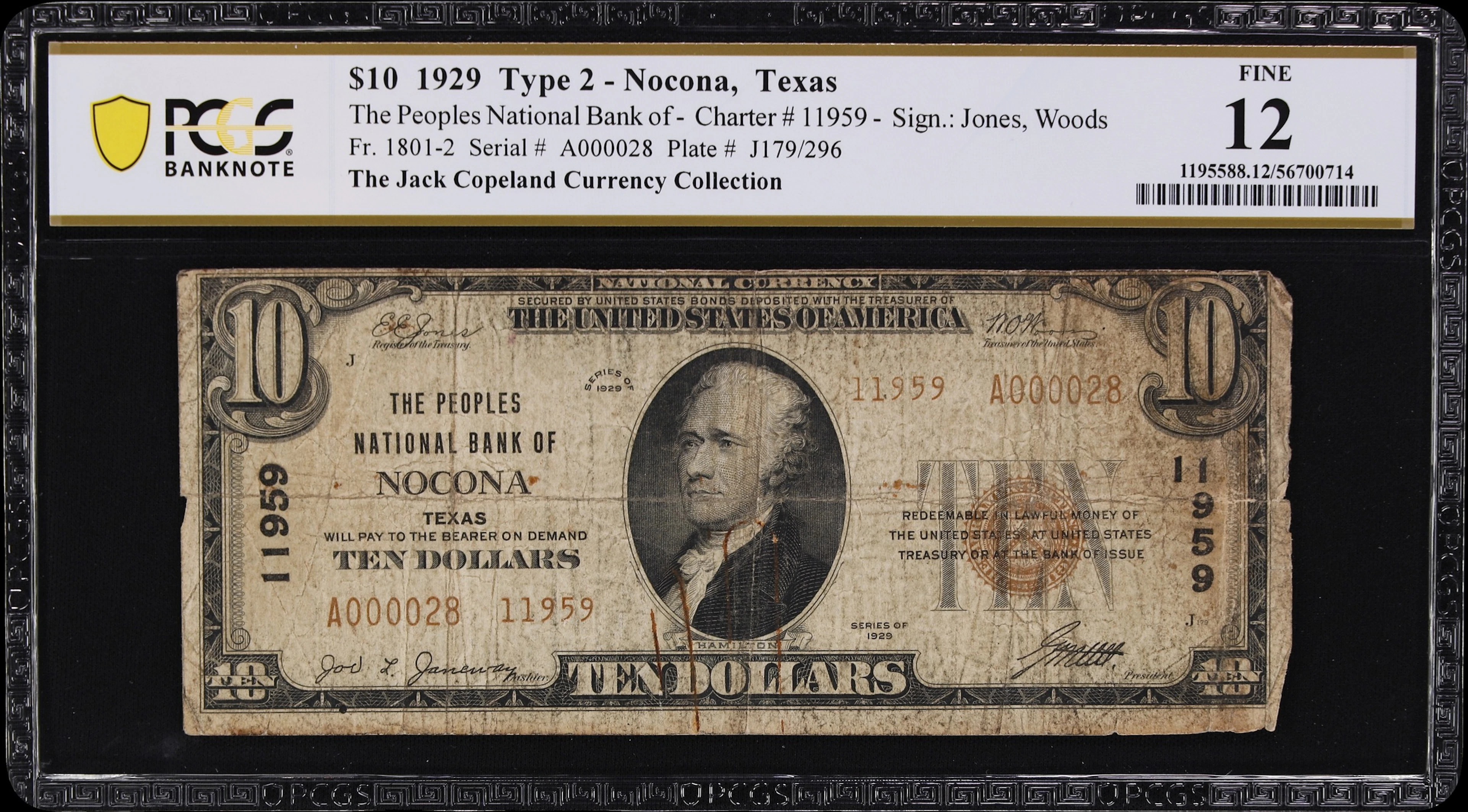 Nocona, Texas. $10 1929 Ty. 2. Fr. 1801-2. Peoples NB. Charter #11959.
