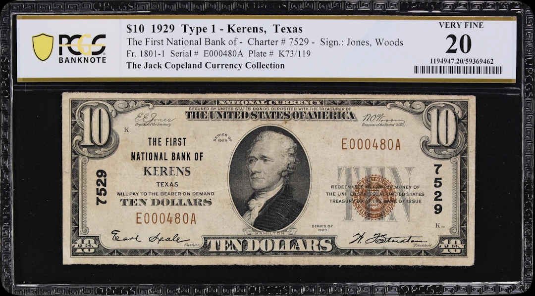 Kerens, Texas. $10 1929 Ty. 1. Fr. 1801-1. First NB. Charter #7529.