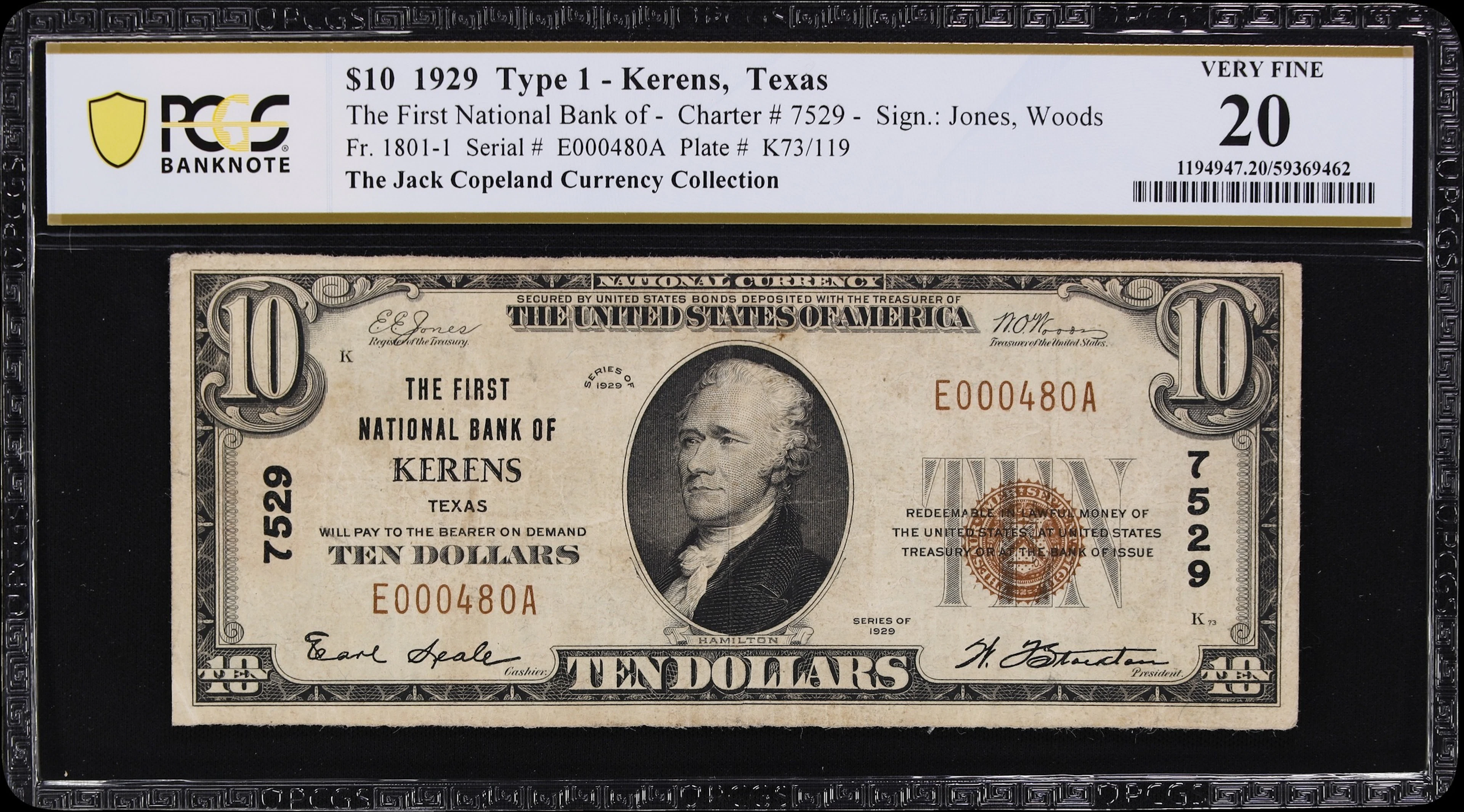 Kerens, Texas. $10 1929 Ty. 1. Fr. 1801-1. First NB. Charter #7529.