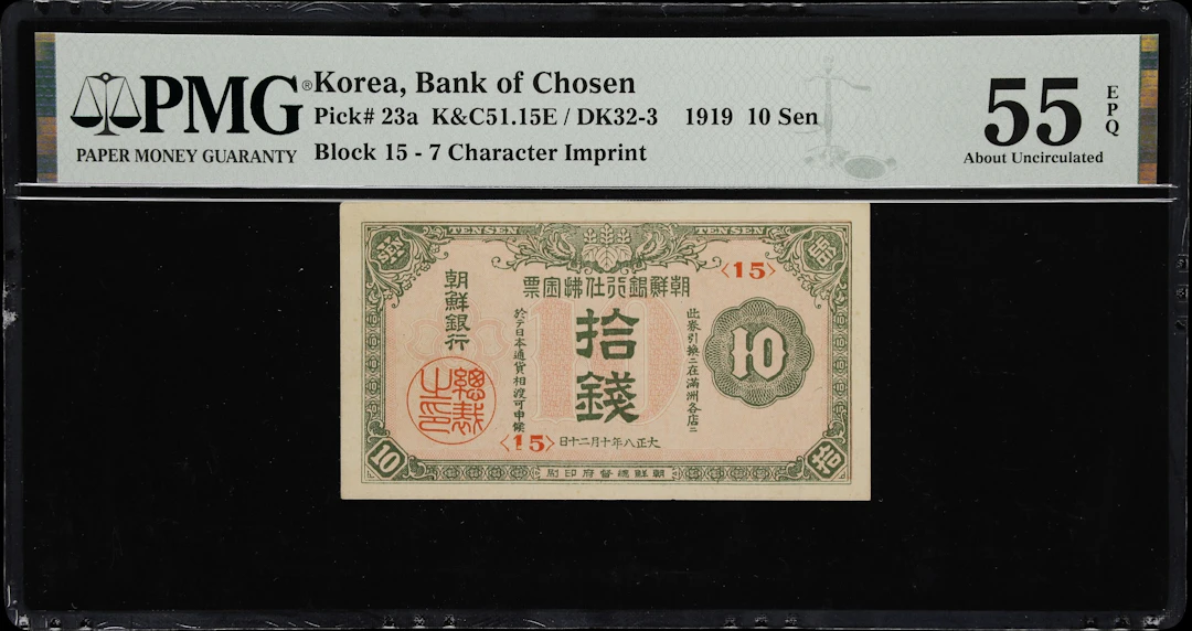 KOREA. Bank of Chosen. 10 Sen, 1919. P-23a. K&C51.15E. PMG About Uncirculated