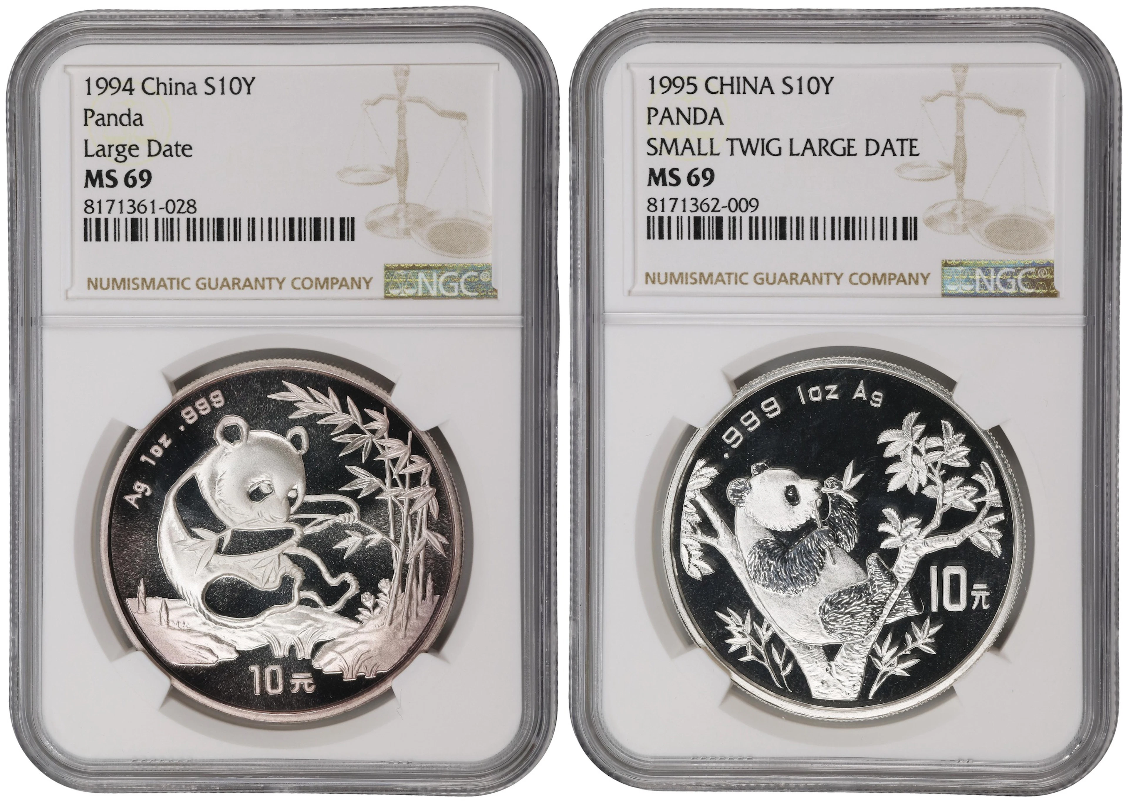 (t) CHINA. Duo of Silver 10 Yuan (2 Pieces), 1994 & 1995. Panda Series.