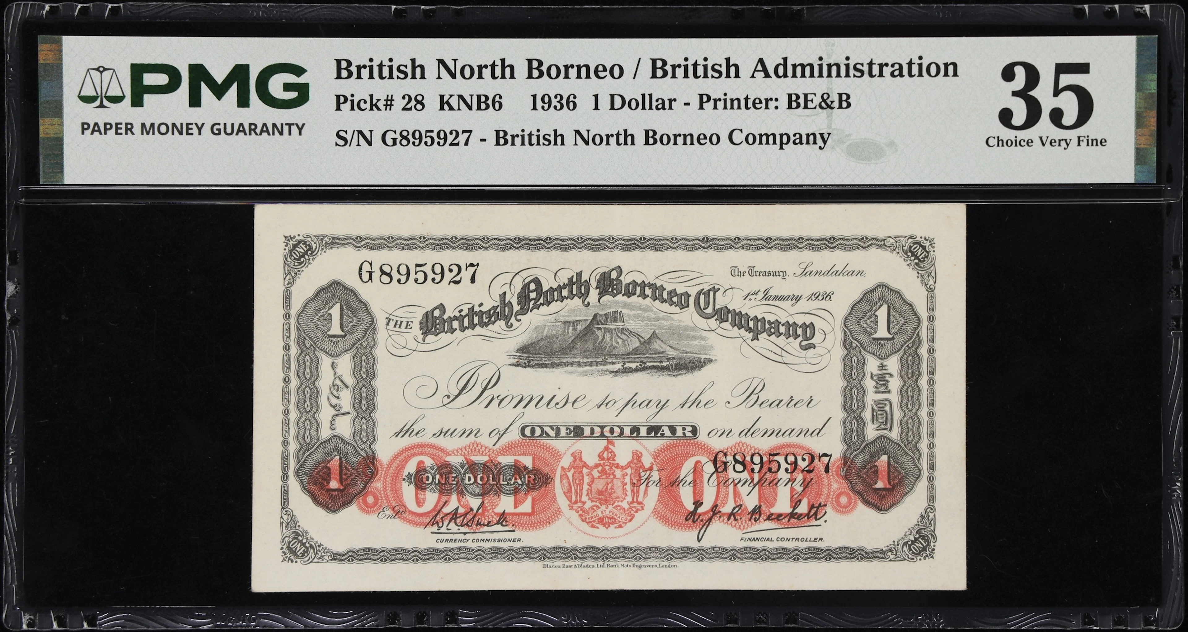 BRITISH NORTH BORNEO. British North Borneo Company. 1 Dollar, 1.1.1936.