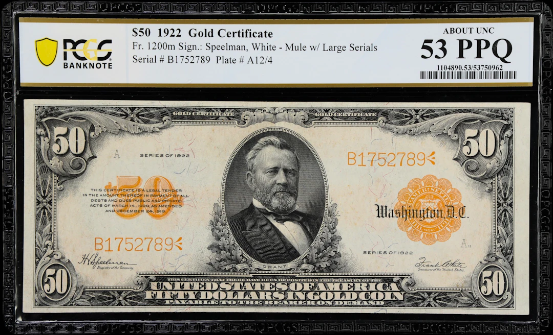 Fr. 1200m. 1922 $50 Gold Certificate. Mule. PCGS Banknote About Uncirculated