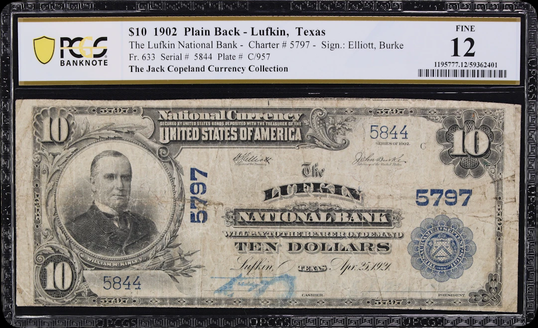 Lufkin, Texas. $10 1902 Plain Back. Fr. 633. Lufkin NB. Charter #5797.