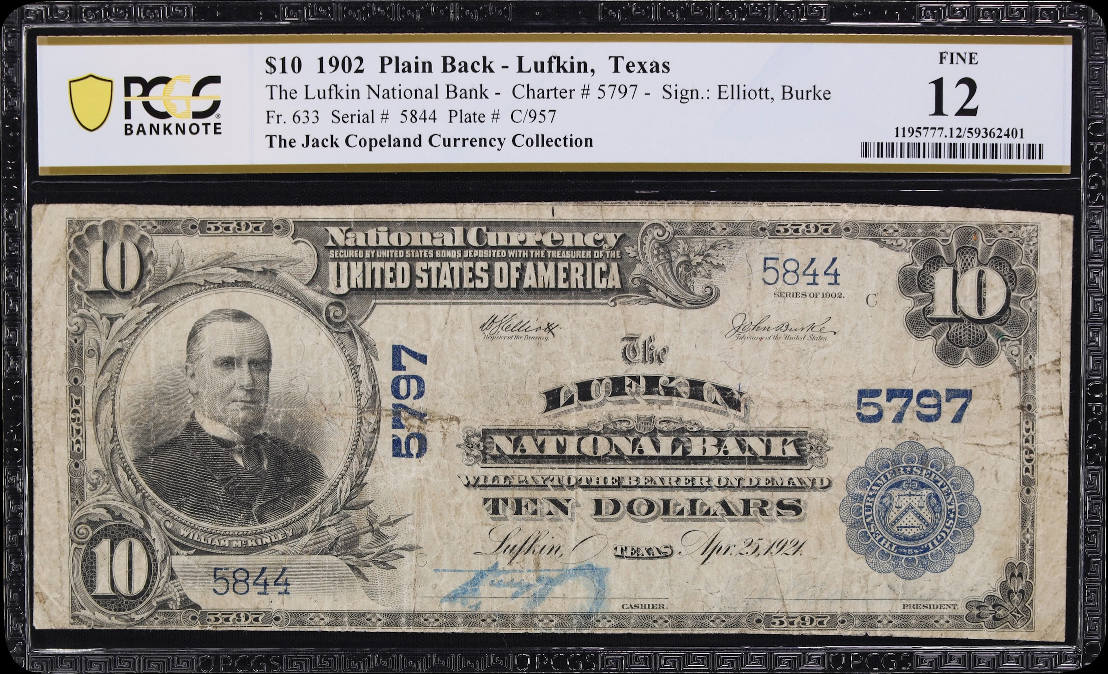 Lufkin, Texas. $10 1902 Plain Back. Fr. 633. Lufkin NB. Charter #5797.