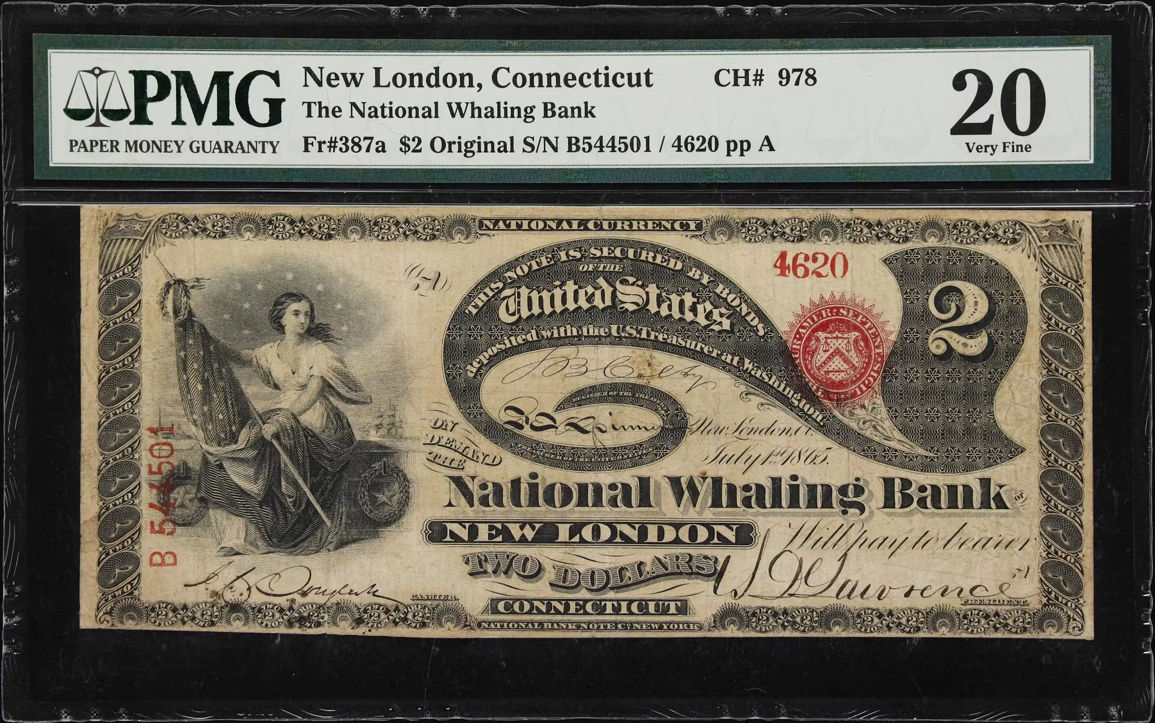 New London, Connecticut. $2 Original. Fr. 387a. National Whaling Bank.