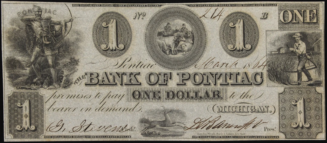 Pontiac, Michigan. Bank of Pontiac. 1864 $1. Choice Uncirculated.