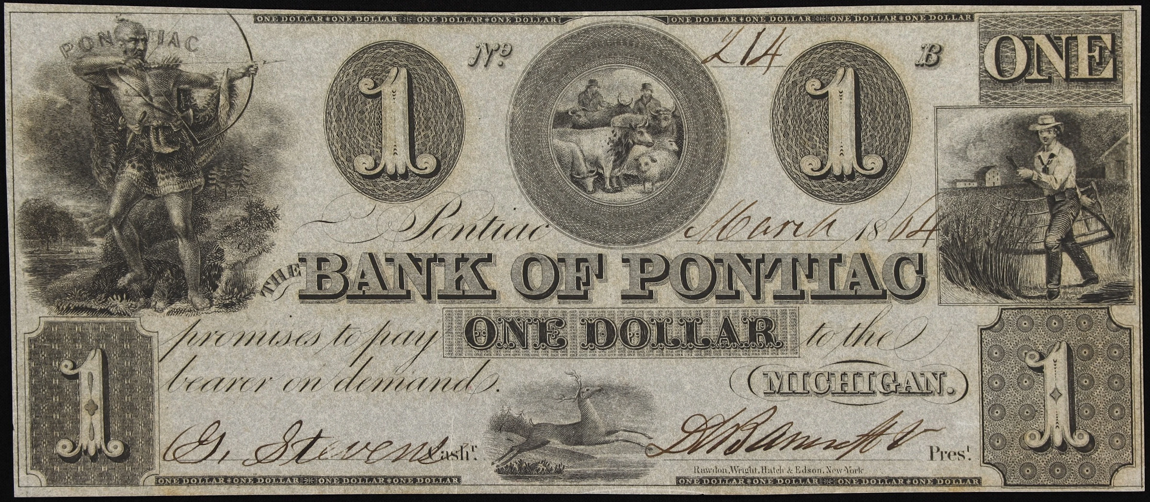 Pontiac, Michigan. Bank of Pontiac. 1864 $1. Choice Uncirculated.