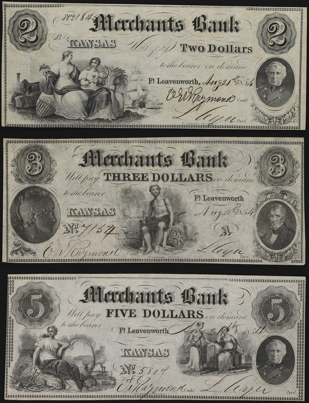 Lot of (3) Fort Leavenworth, Kansas Territory. Merchants Bank. 1854