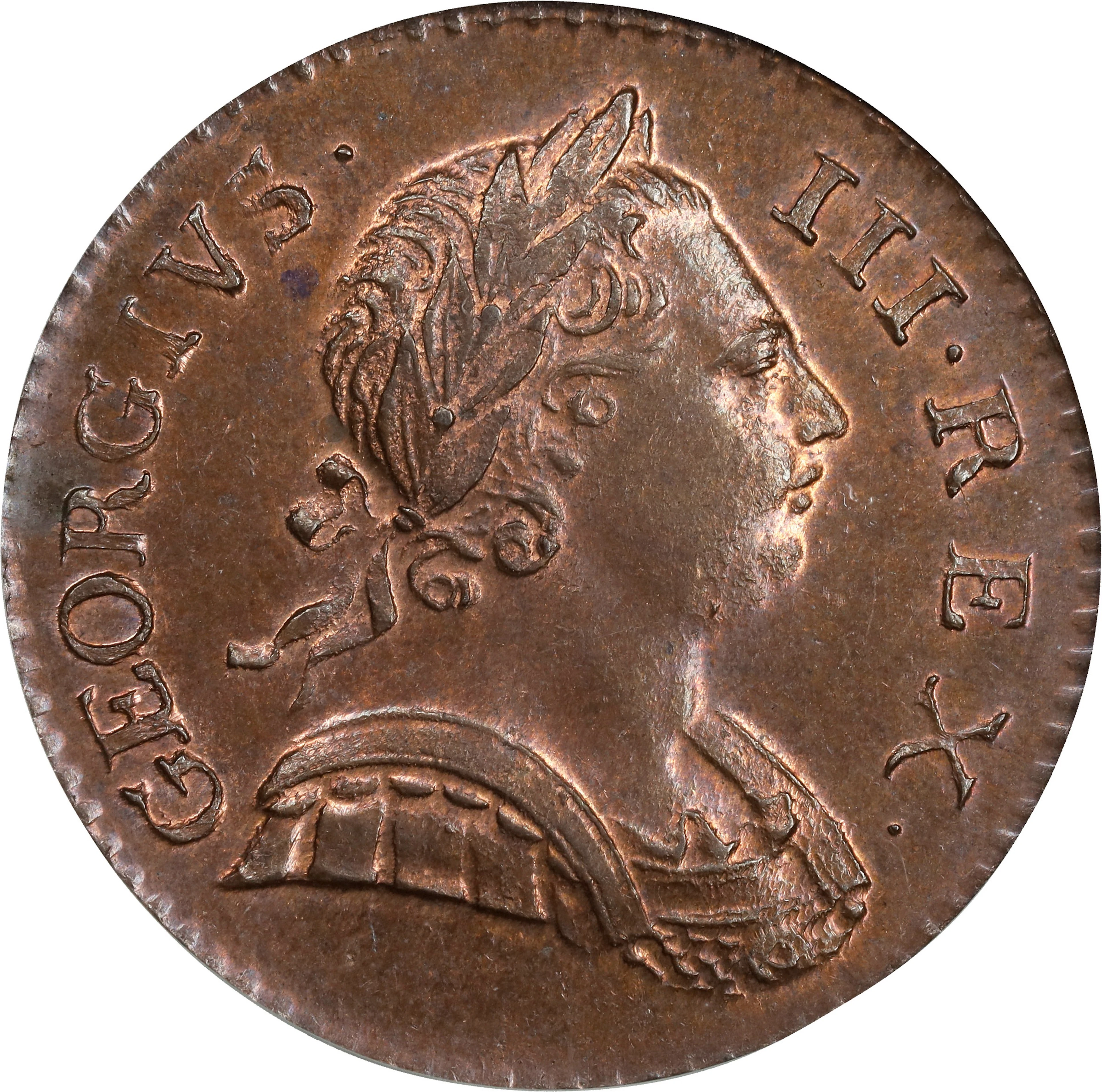 GREAT BRITAIN. 1/2 Penny, 1773. London Mint. George III. PCGS MS-64 Red Brown.