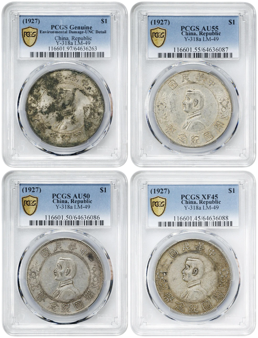 (t) CHINA. Quartet of Dollars (4 Pieces), ND (1927). All PCGS Genuine.