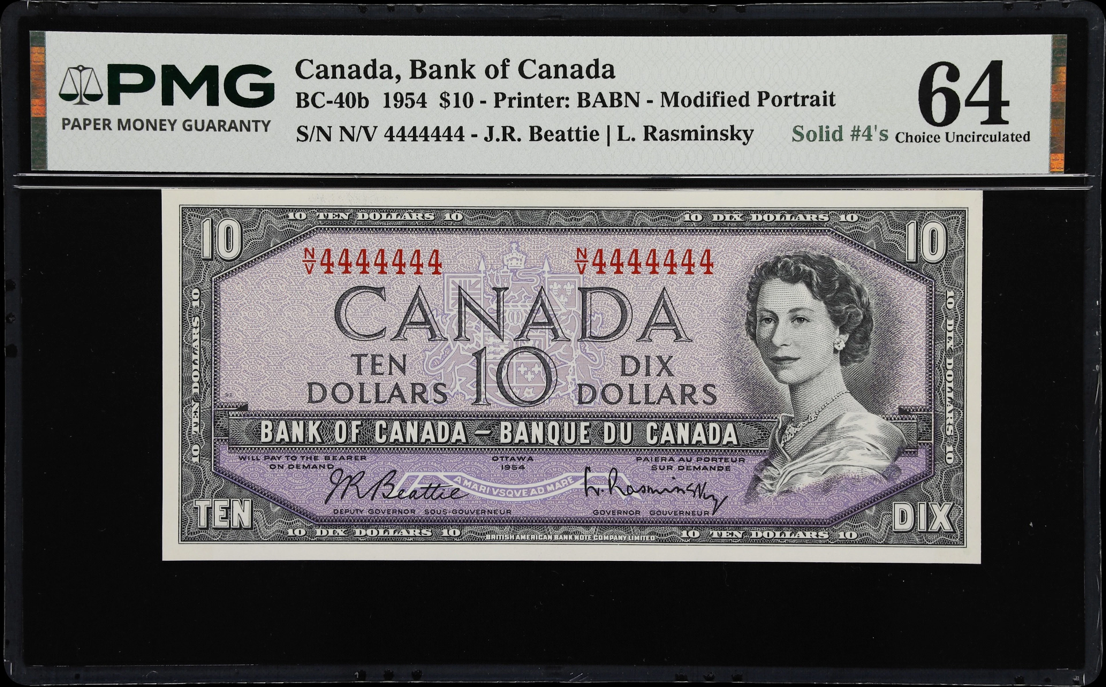 CANADA--FANCY SERIAL NUMBERS. Bank of Canada. 10 Dollars, 1954. BC-40b.