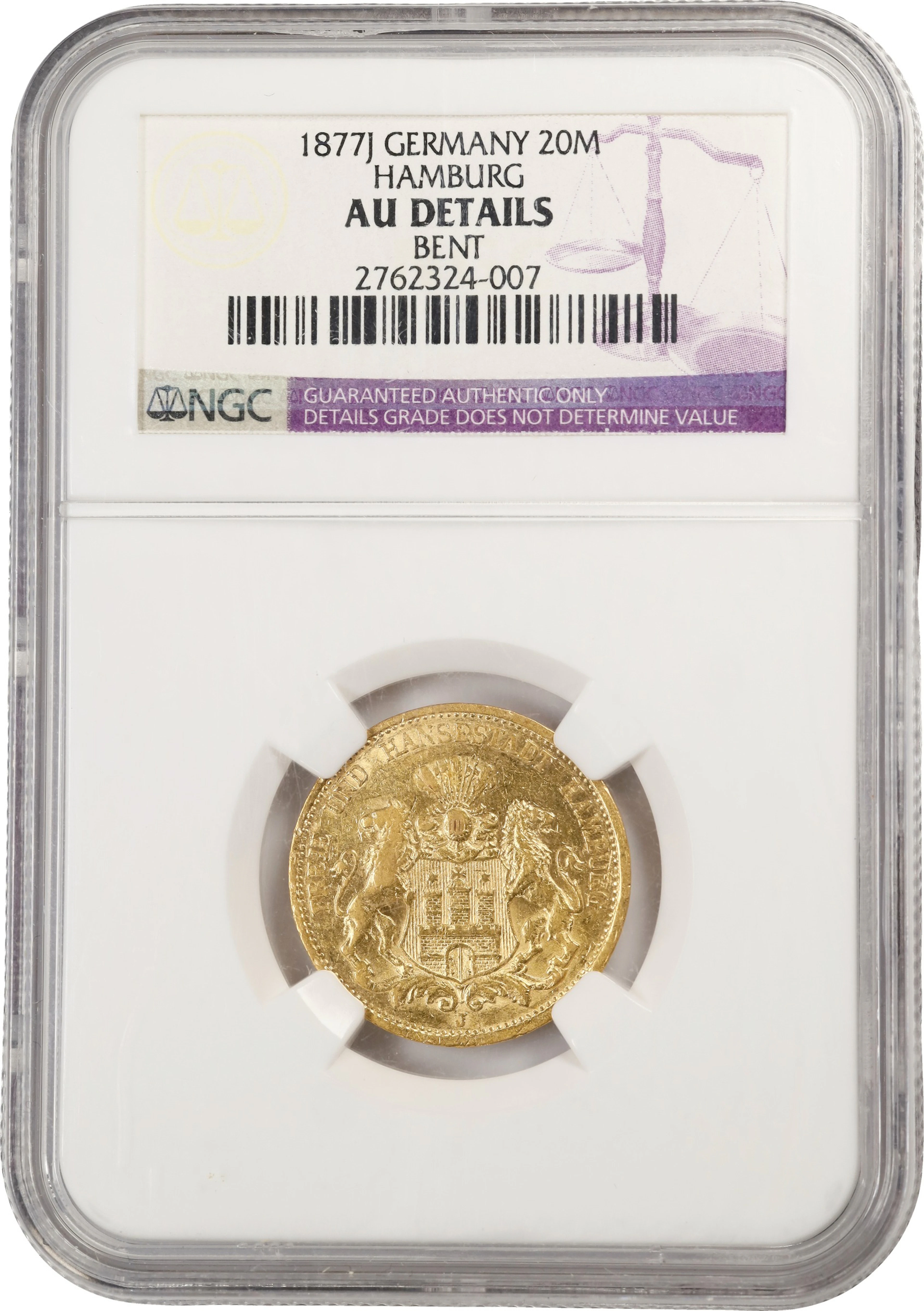 (0.23 oz, 7.154 g AGW). German States. Hamburg. 1877-J Gold 20 Mark.