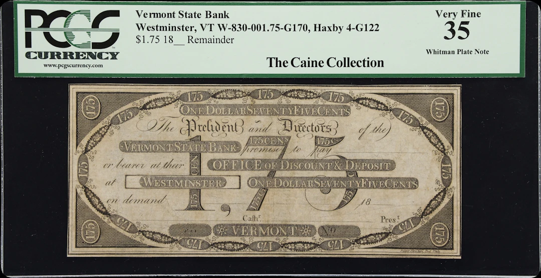 Westminster, Vermont. Vermont State Bank. 18xx $1.75. PCGS Currency