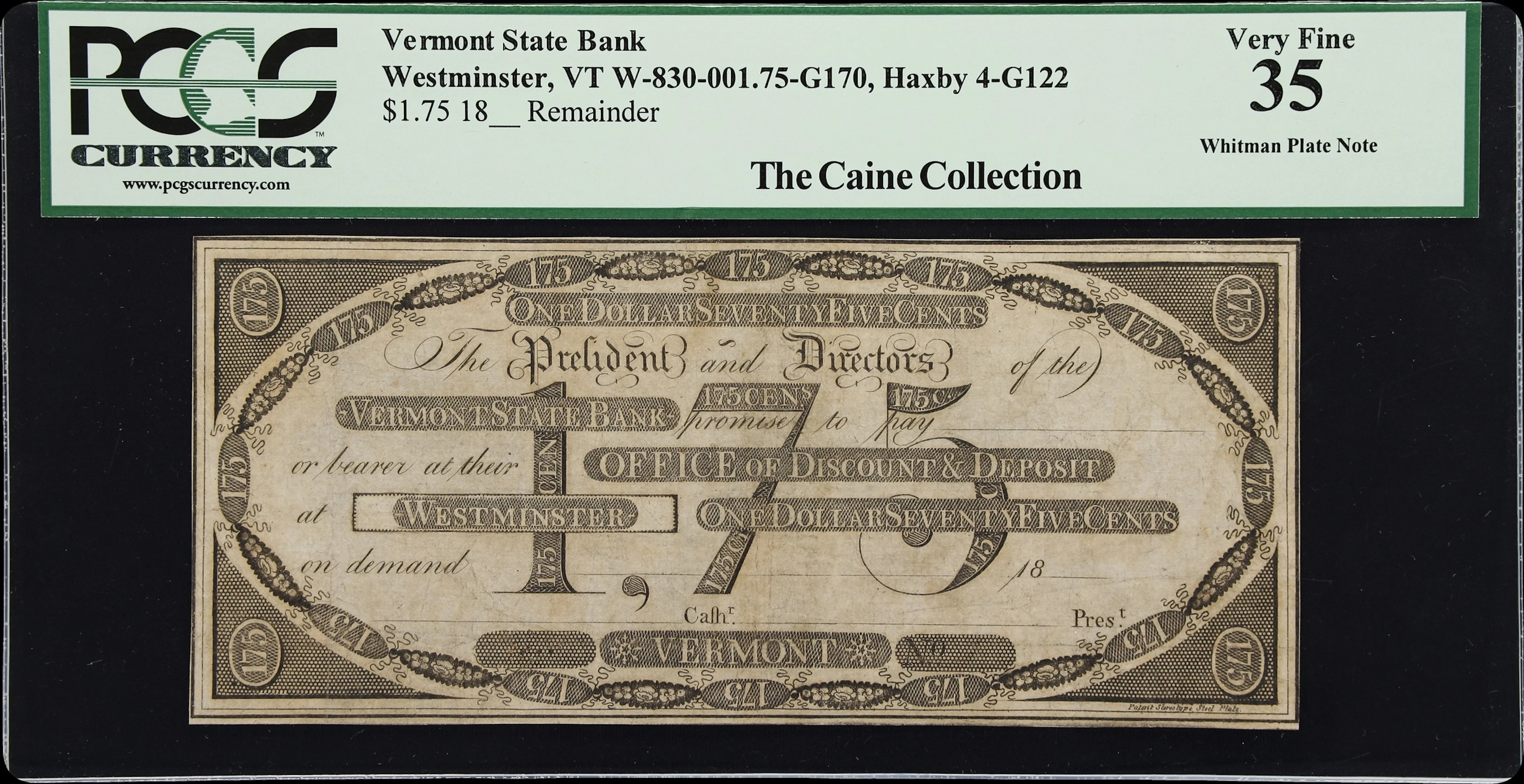 Westminster, Vermont. Vermont State Bank. 18xx $1.75. PCGS Currency