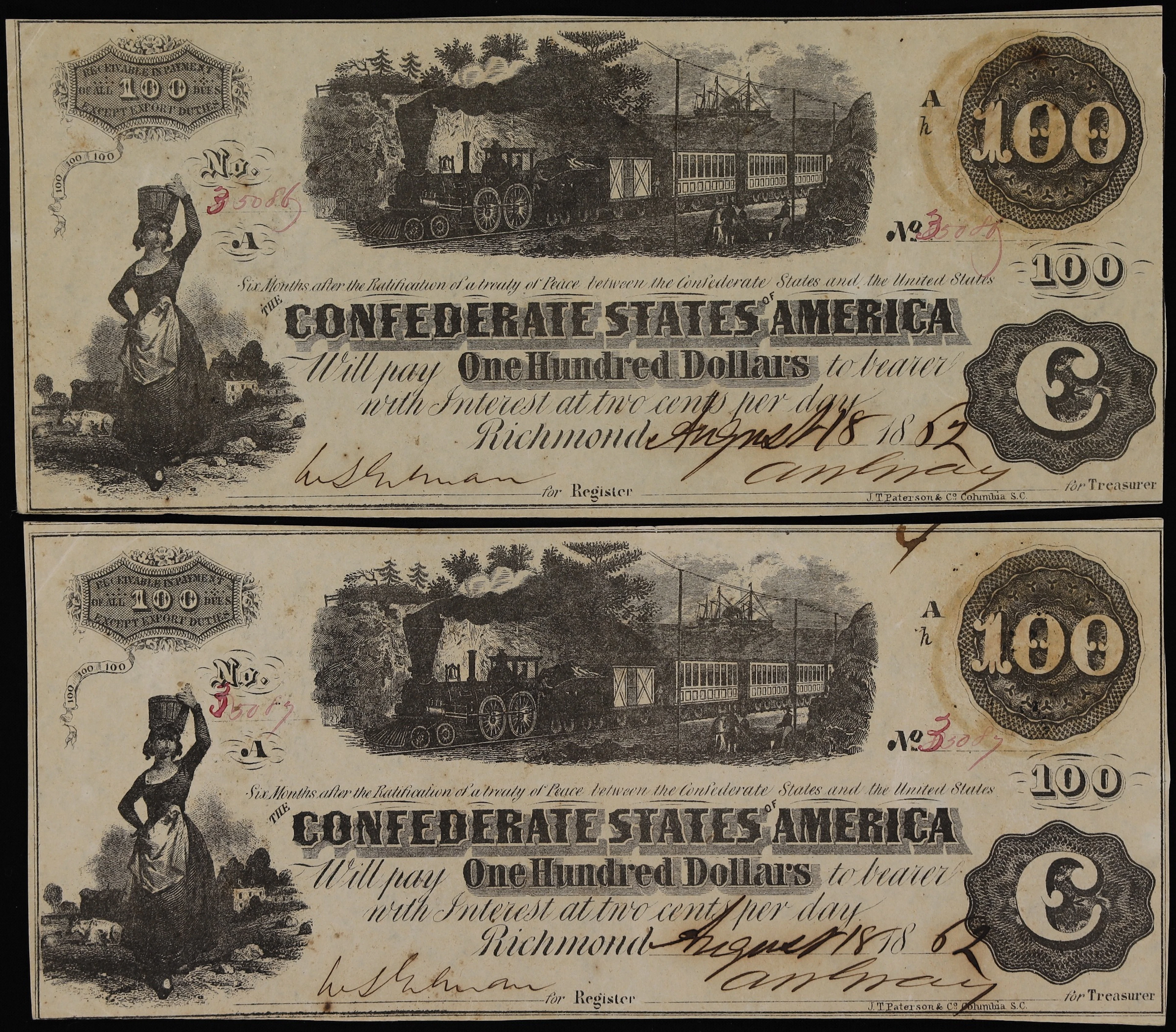 Lot of (2) T-40. Confederate Currency. 1862 $100. Extremely Fine to