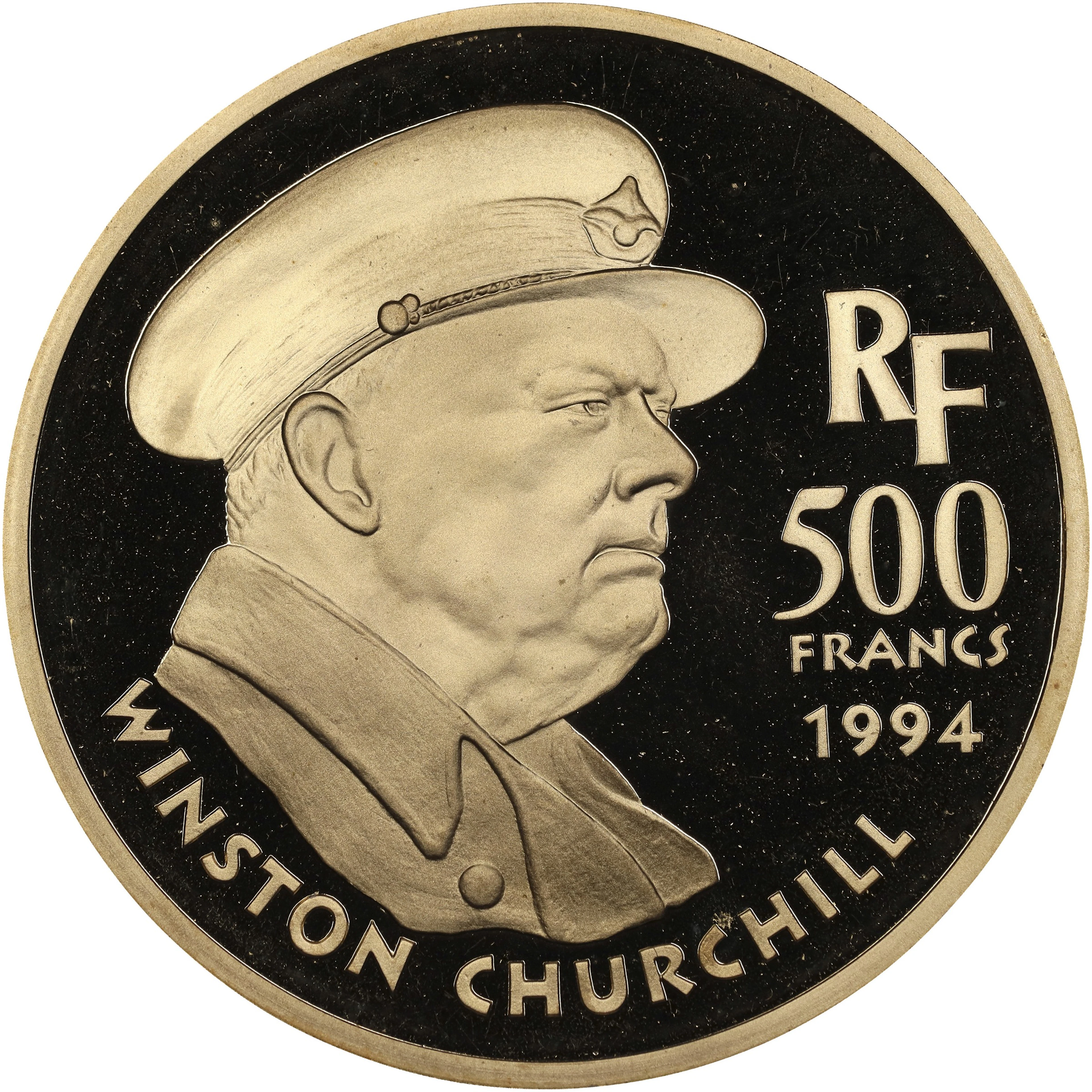 (0.503 oz, 15.645 g AGW). France. 1994 Winston Churchill Gold 500 Francs.