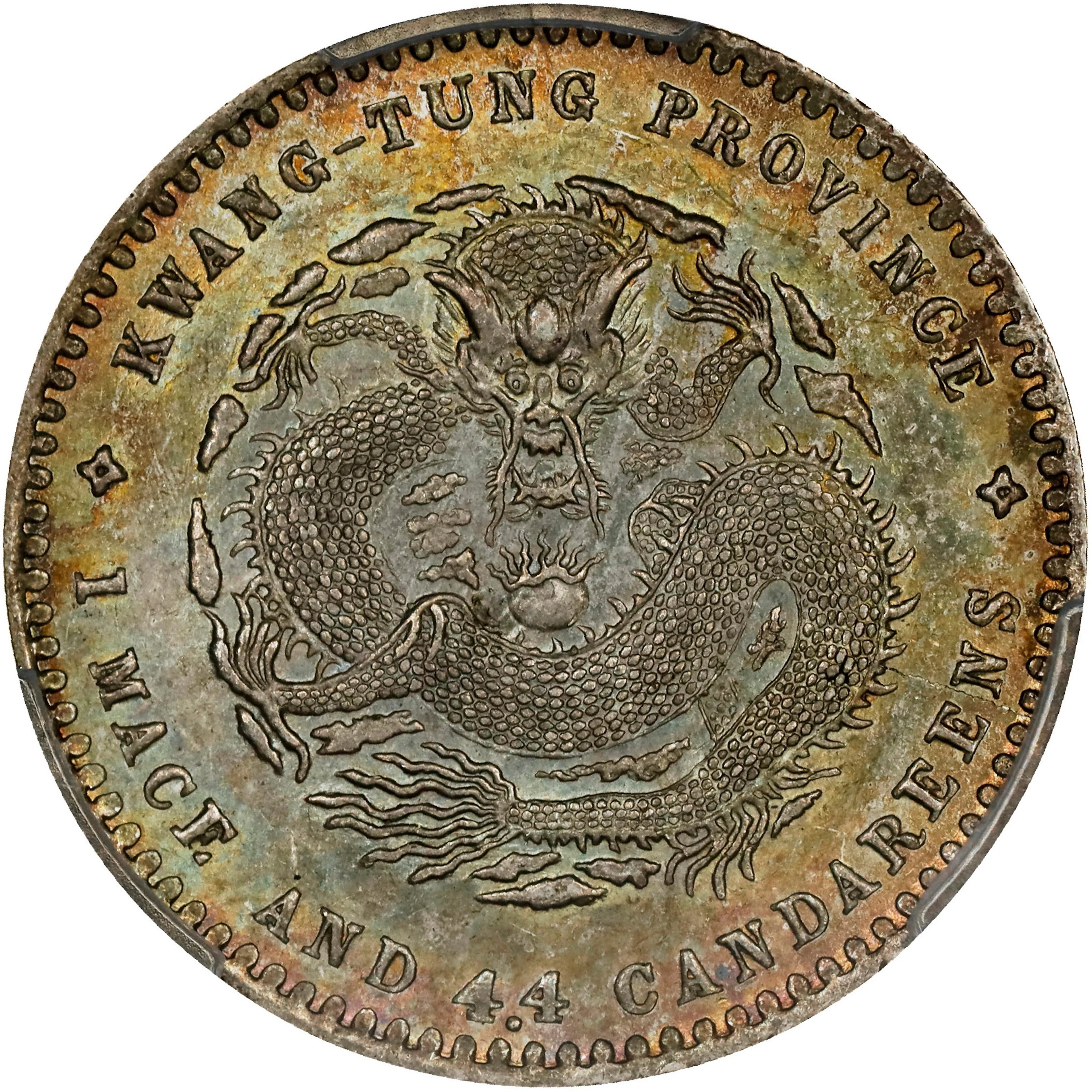 (t) CHINA. Kwangtung. 1 Mace 4.4 Candareens (20 Cents), ND (1890-1908).