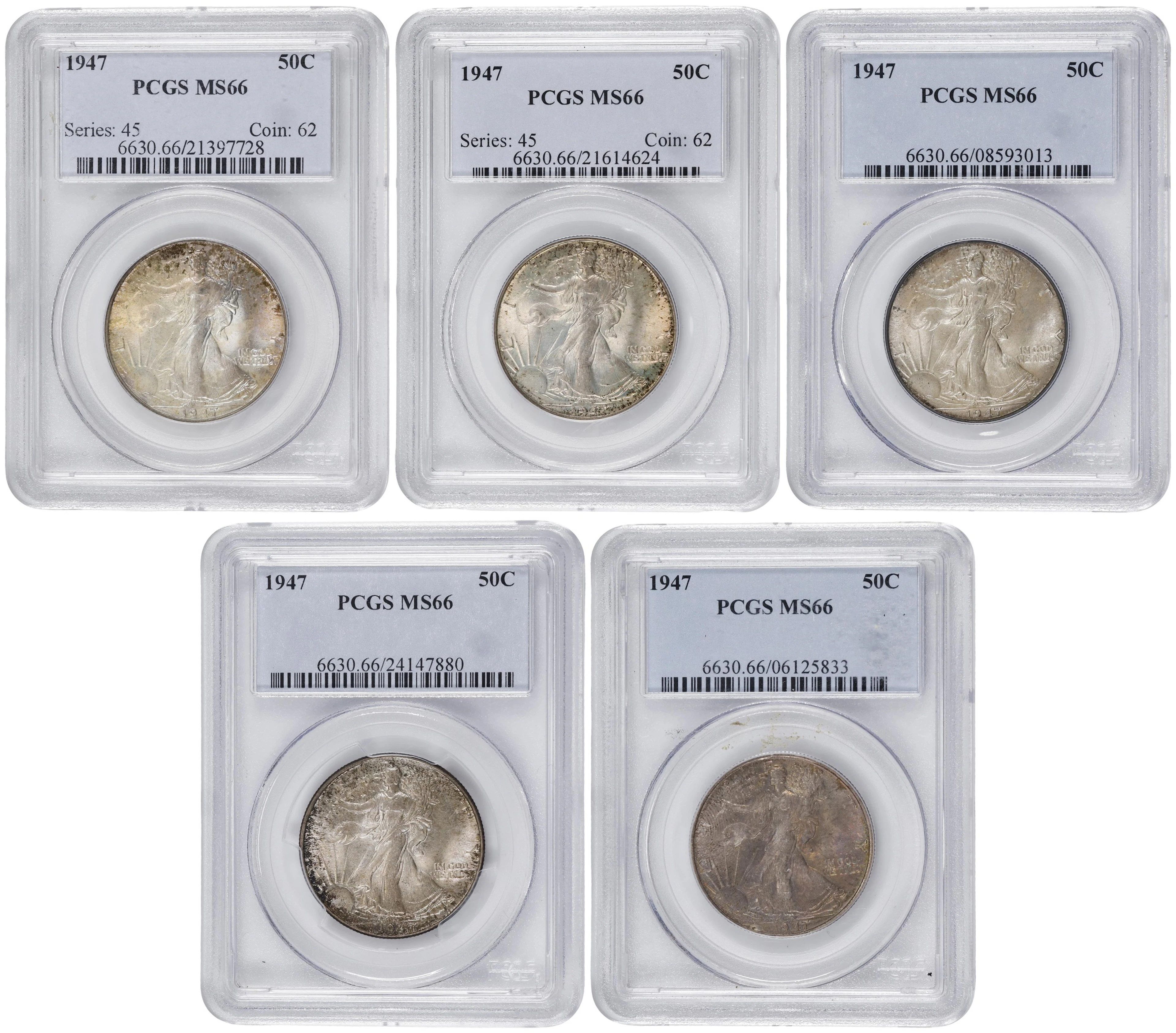 Lot of (5) 1947 Walking Liberty Half Dollar. MS-66 (PCGS).