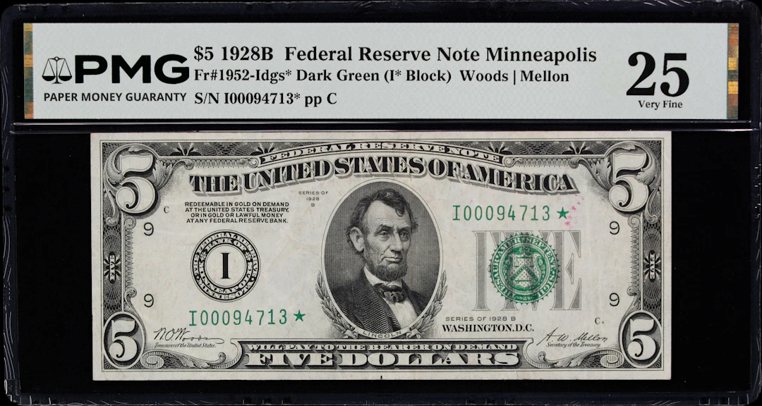 Fr. 1952-Idgs*. 1928B Dark Green Seal $5 Federal Reserve Star Note.