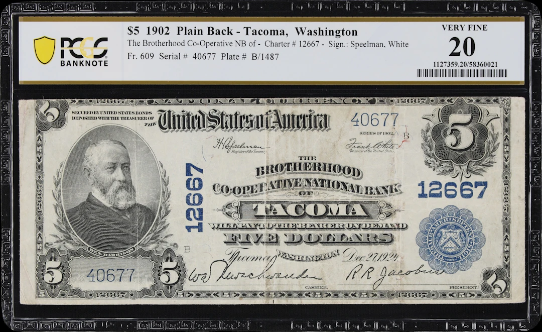 Tacoma, Washington. $5 1902 Plain Back. Fr. 609. Brotherhood Co-Operative