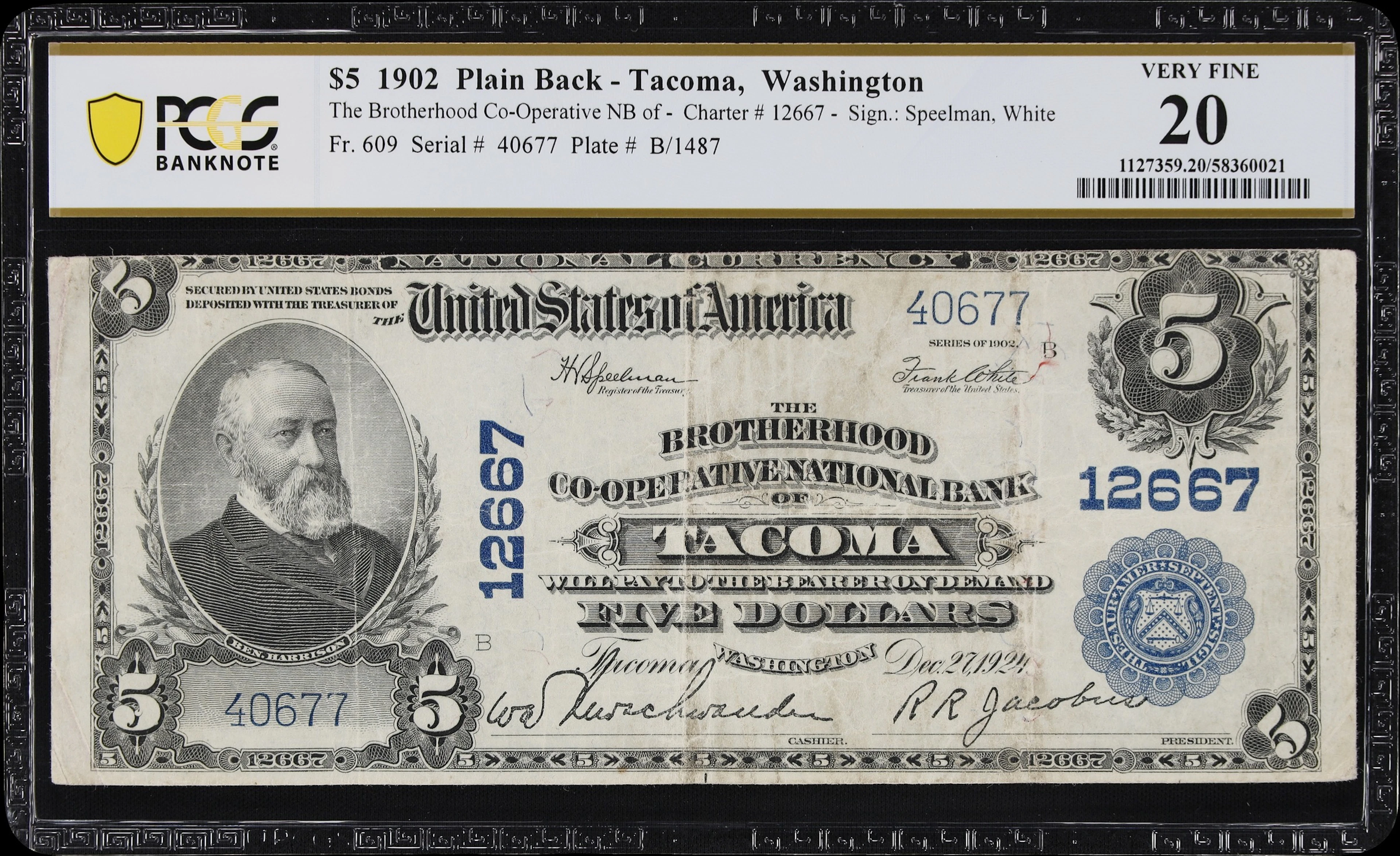 Tacoma, Washington. $5 1902 Plain Back. Fr. 609. Brotherhood Co-Operative