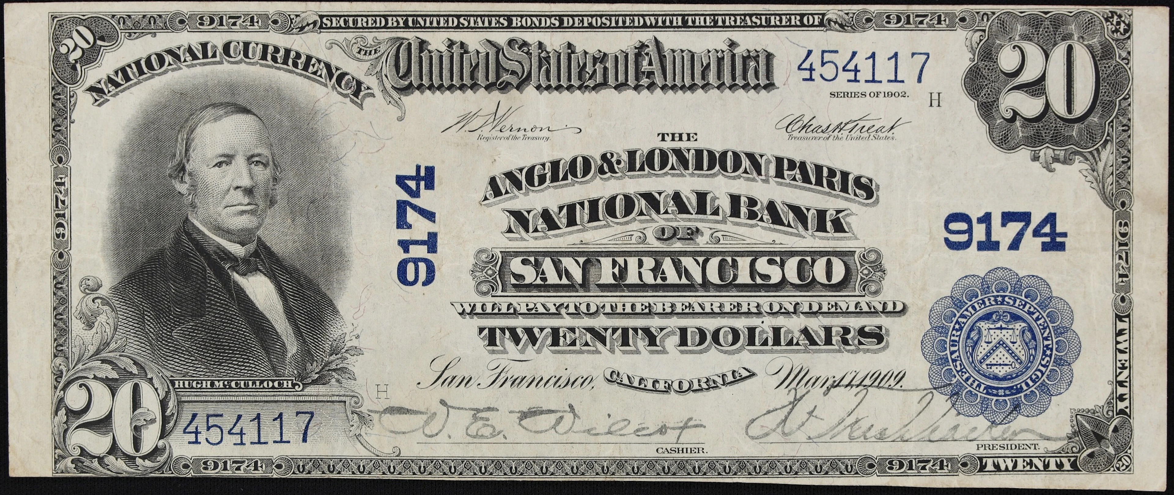 San Francisco, California. $20 1902 Plain Back. Fr. 652. The Anglo