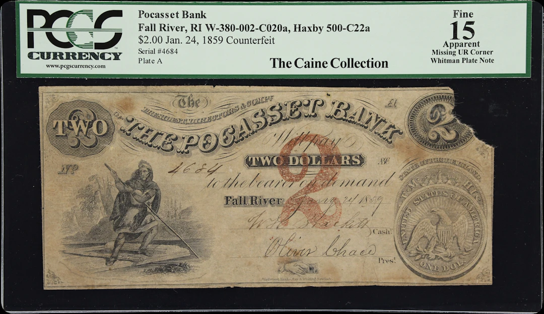 Fall River, Rhode Island. Pocasset Bank. 1859 $2. PCGS Currency Fine