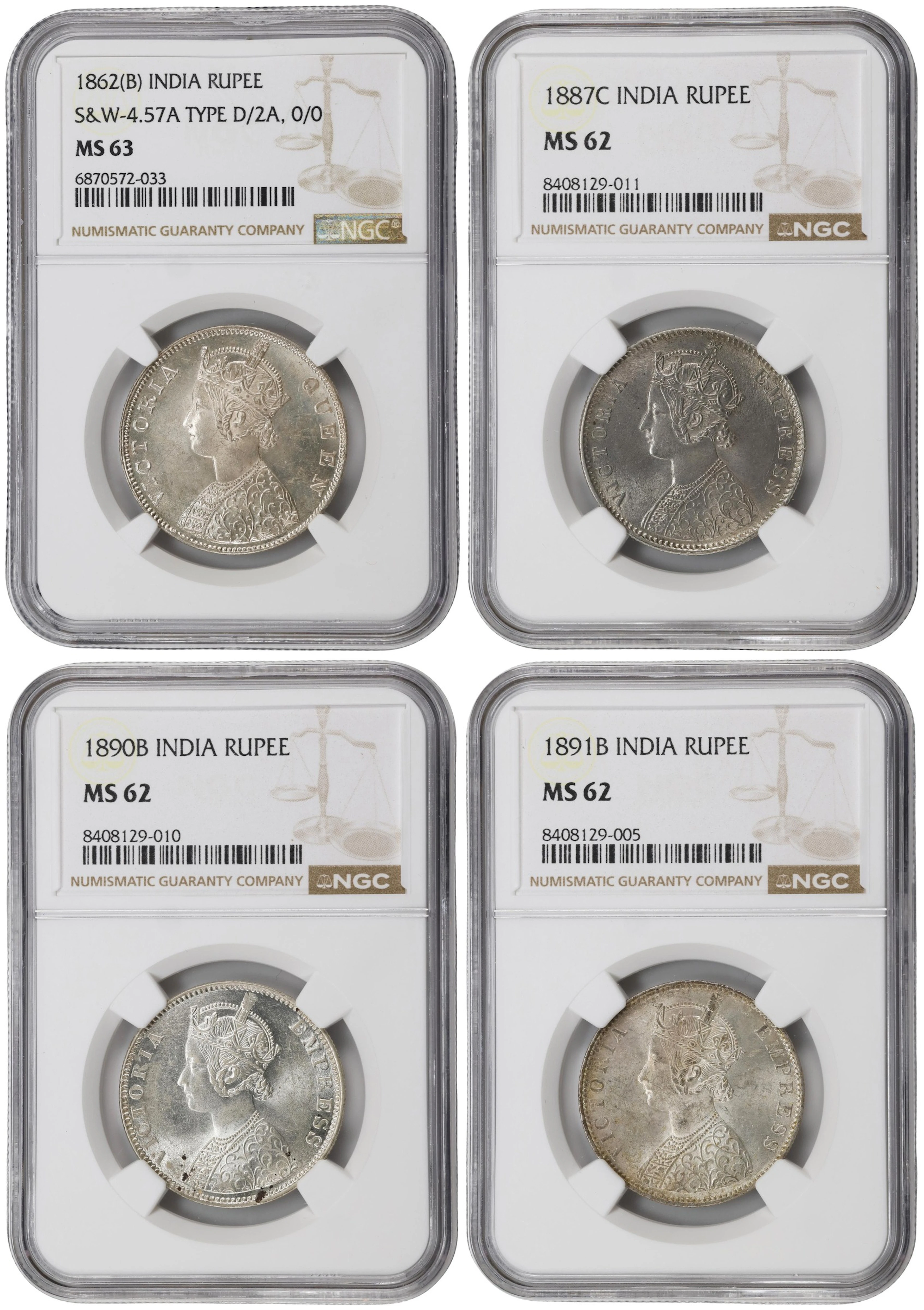 INDIA. Quartet of Rupees (4 Pieces), 1862-91. Victoria. All NGC Certified.