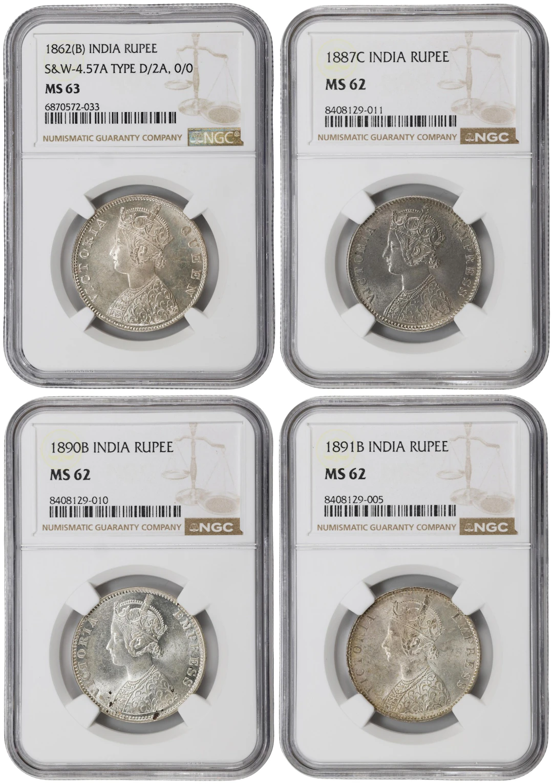 INDIA. Quartet of Rupees (4 Pieces), 1862-91. Victoria. All NGC Certified.