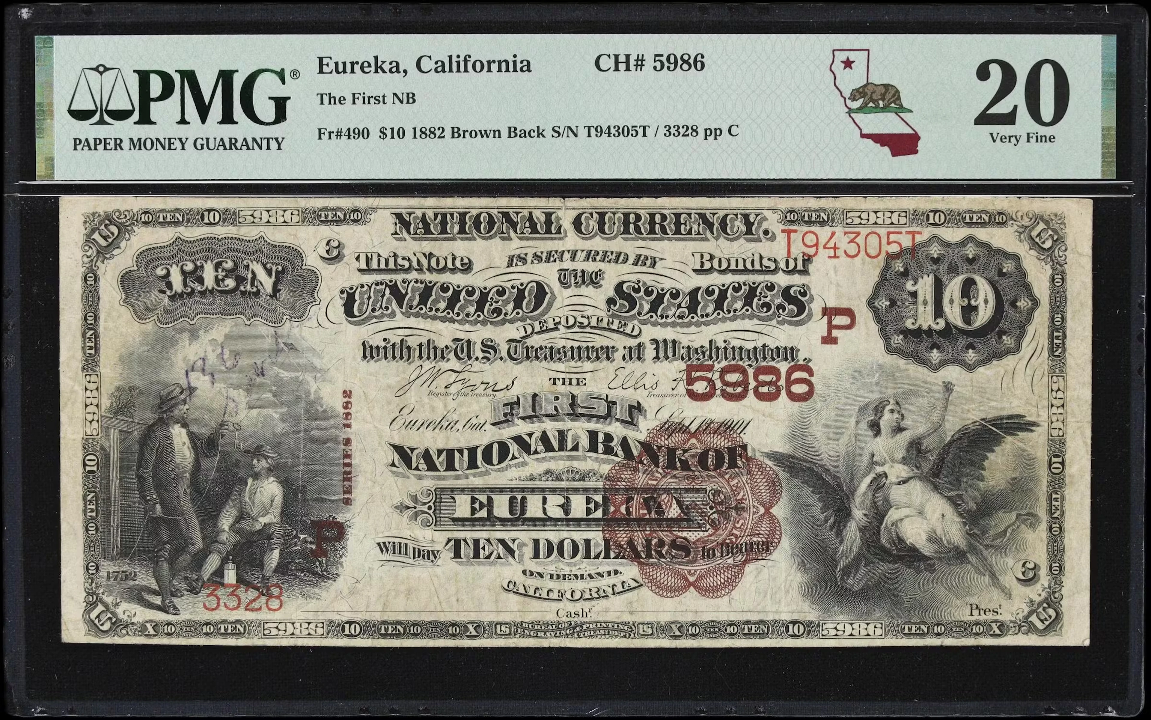 Eureka, California. $10 1882 Brown Back. Fr. 490. The First NB. Charter