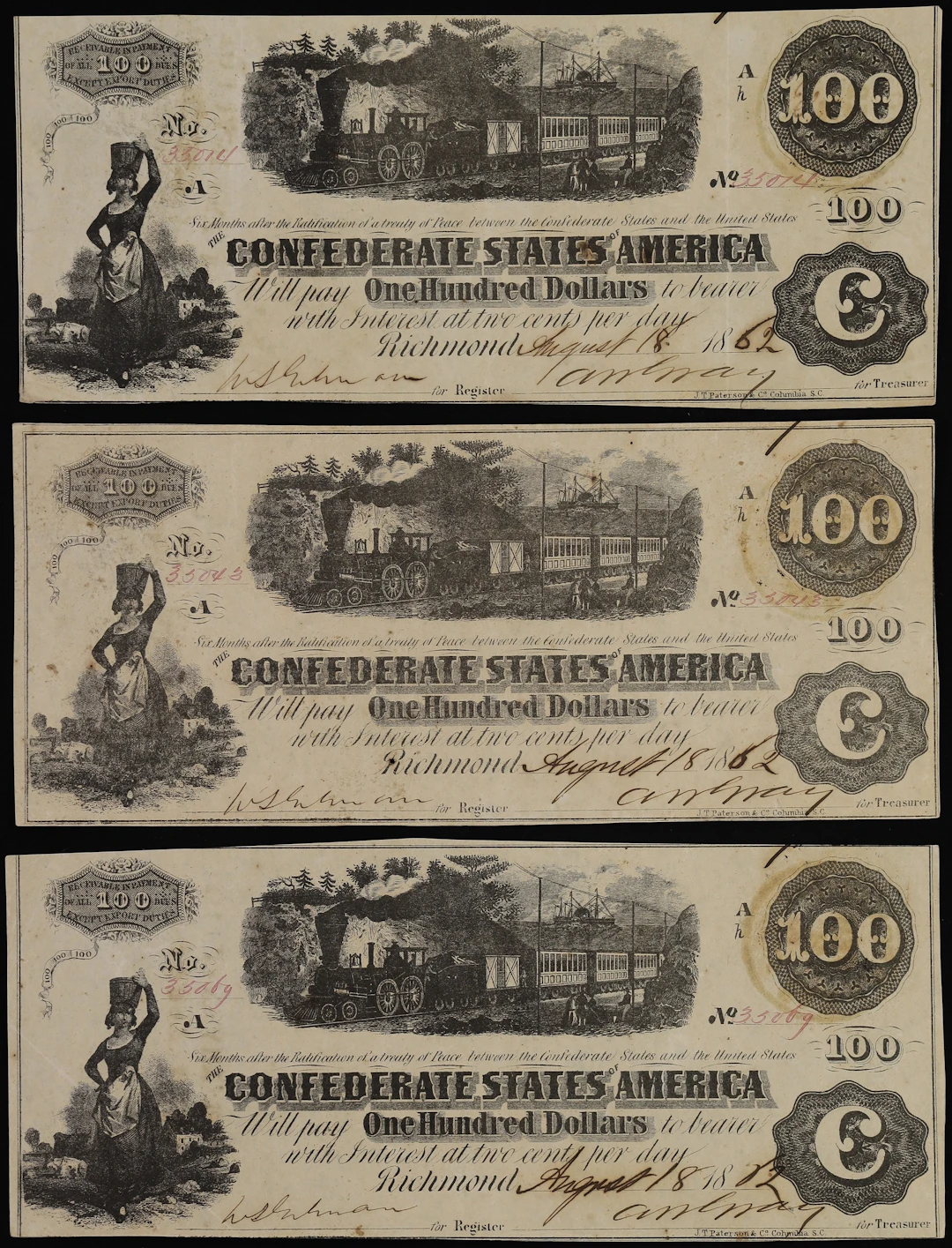 Lot of (3) T-40. Confederate Currency. 1862 $100. Very Fine to Extremely