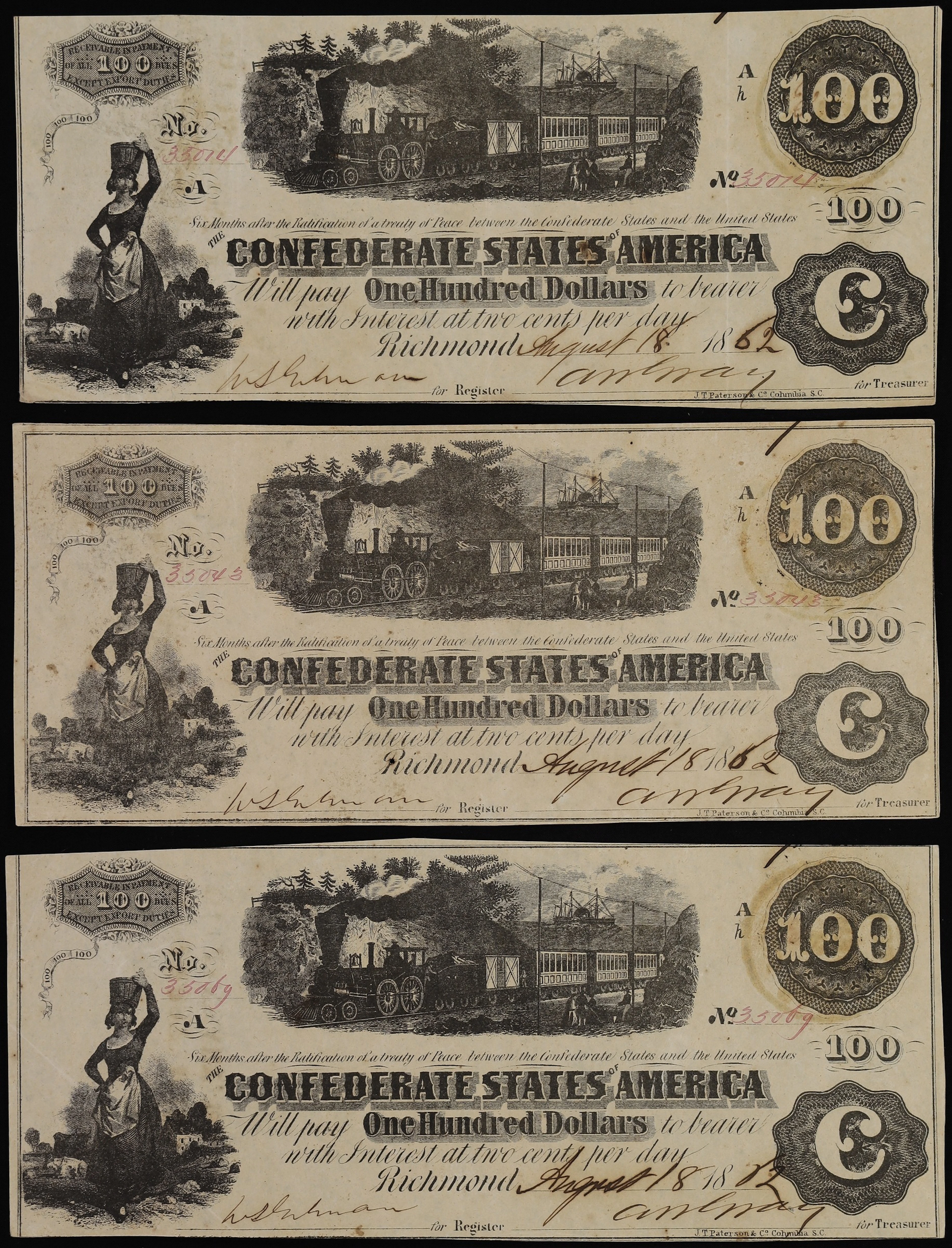 Lot of (3) T-40. Confederate Currency. 1862 $100. Very Fine to Extremely
