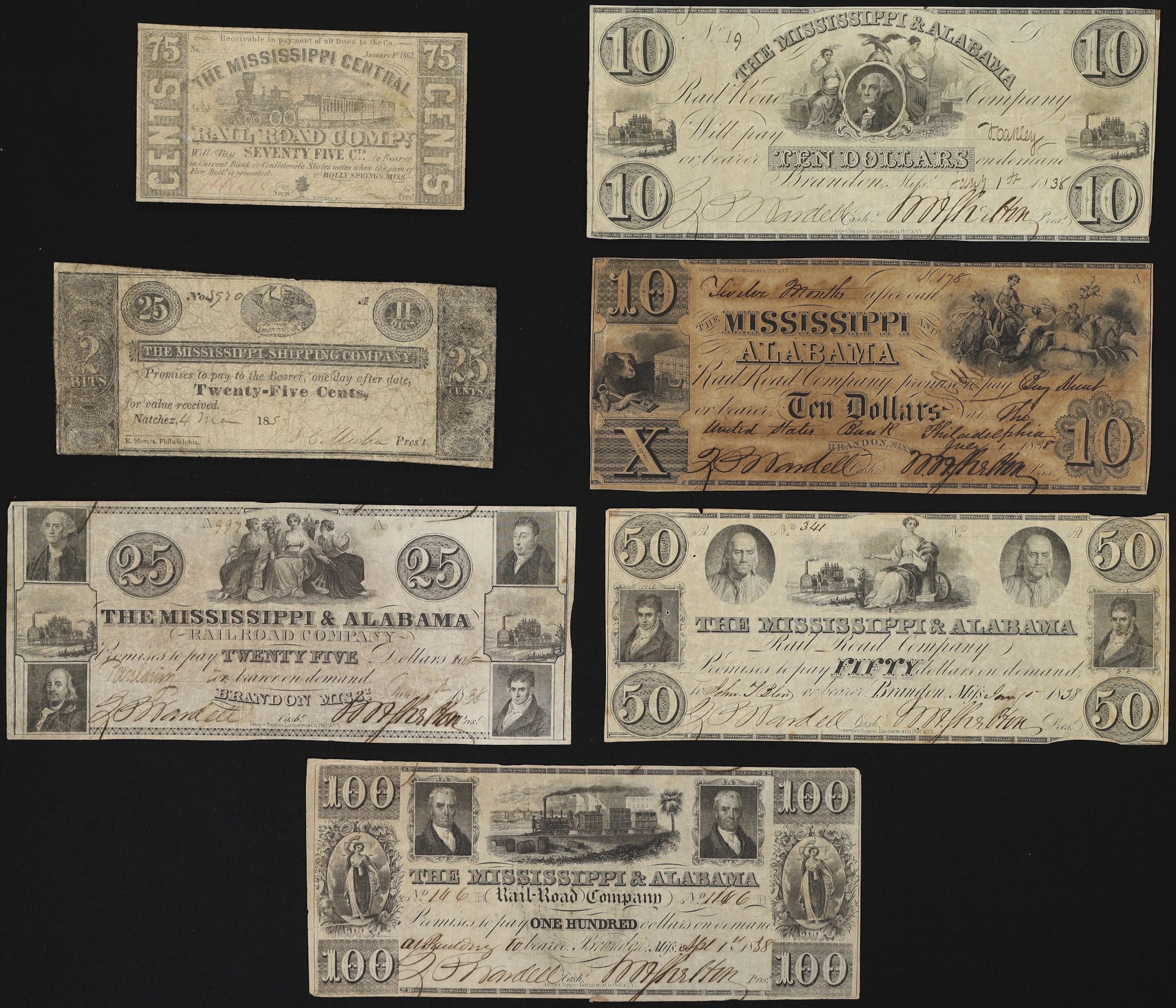 Lot of (7) Mississippi Obsoletes. Mixed Issuers. 1838 - 60s Mixed