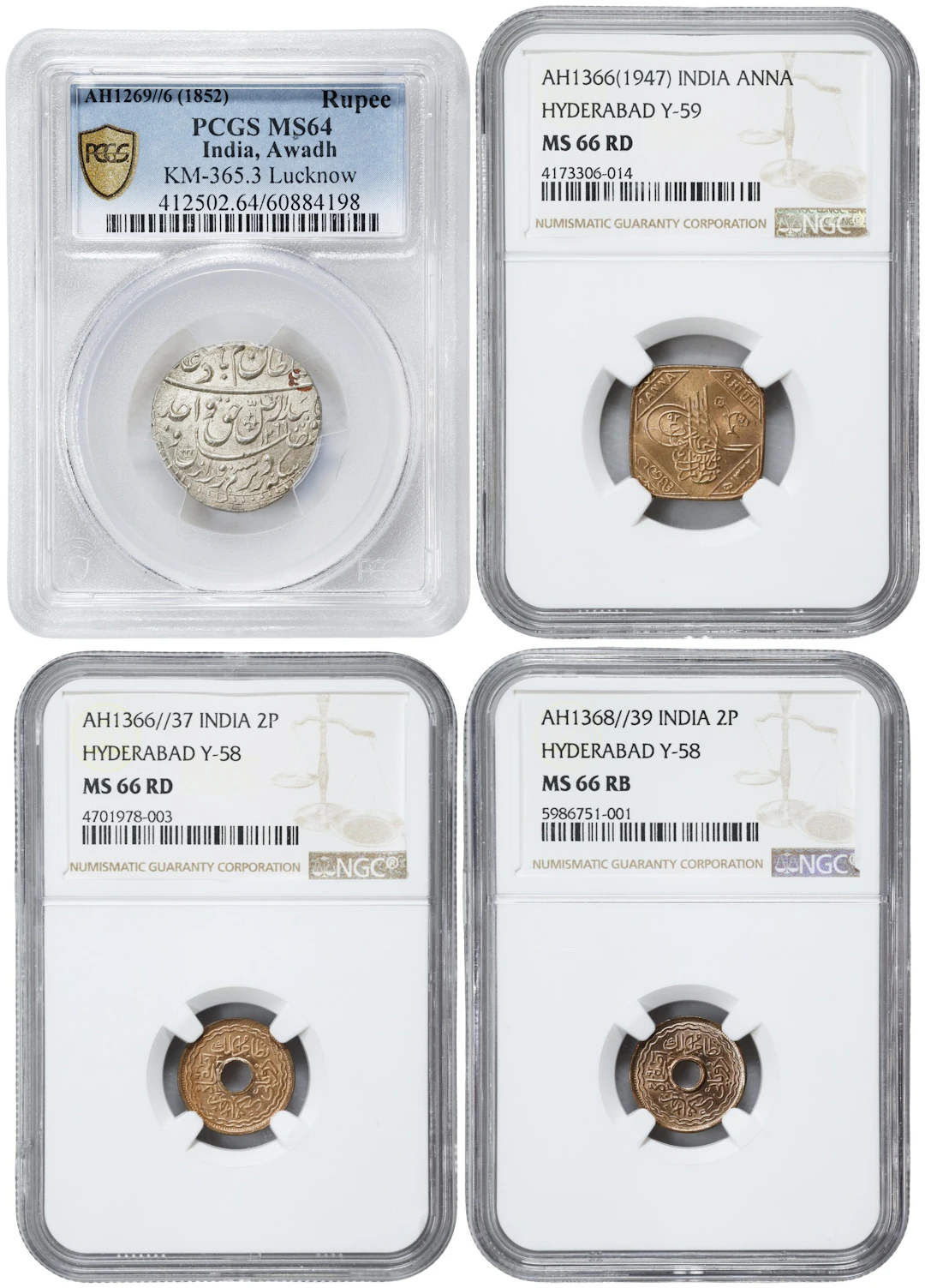 INDIA. Quartet of Mixed Denominations (4 Pieces), 1852-1949. All NGC