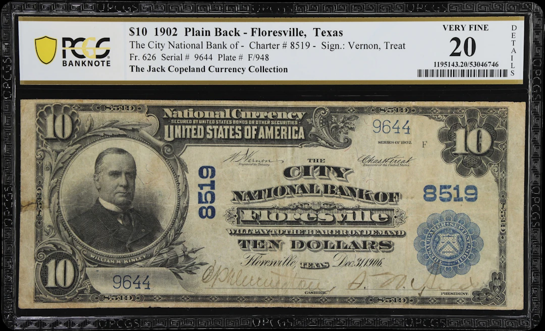 Floresville, Texas. $10 1902 Plain Back. Fr. 626. City NB. Charter