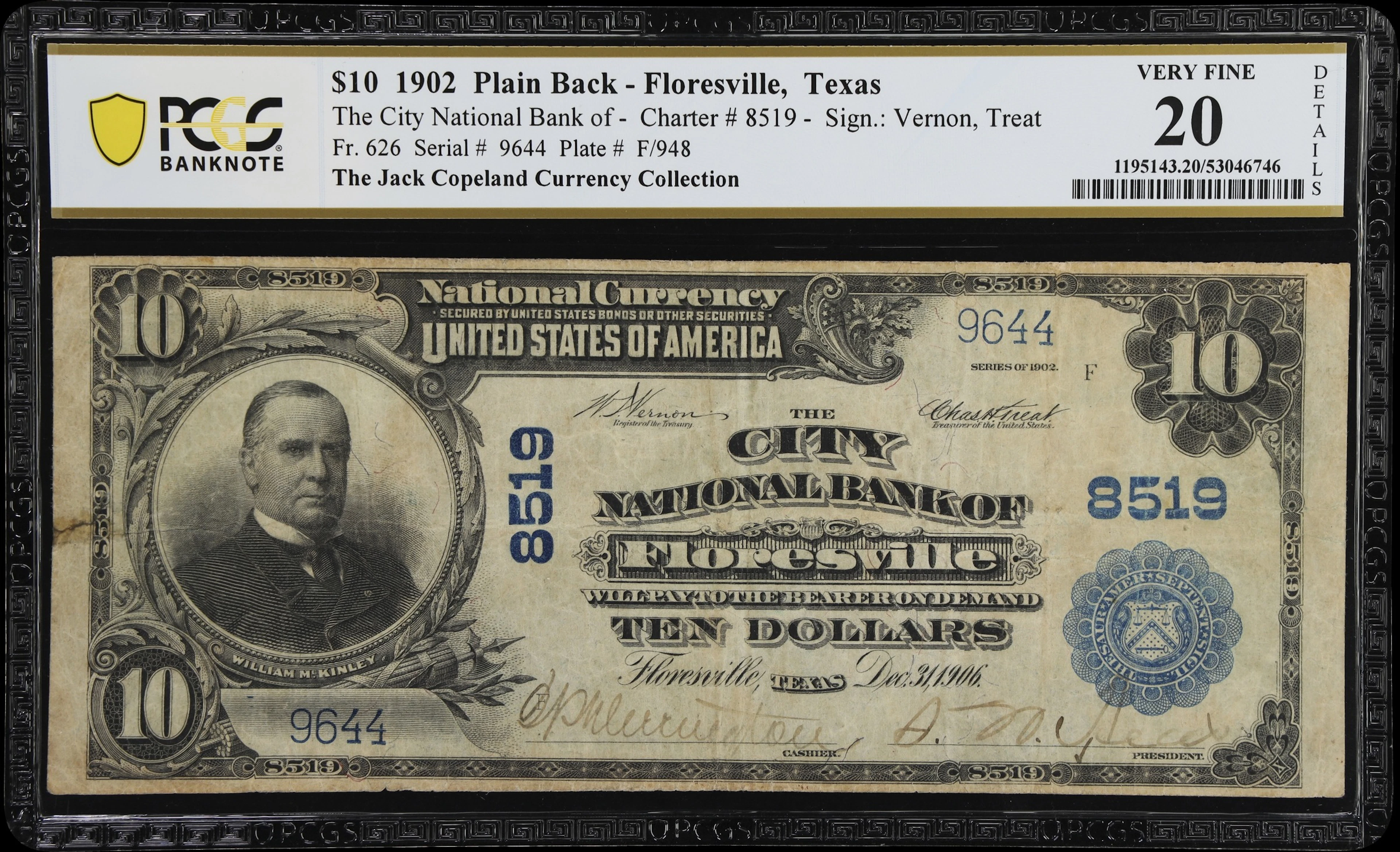 Floresville, Texas. $10 1902 Plain Back. Fr. 626. City NB. Charter