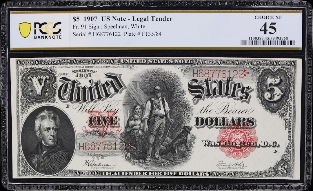 Fr. 91. 1907 $5 Legal Tender Note. PCGS Banknote Choice Extremely Fine 45.