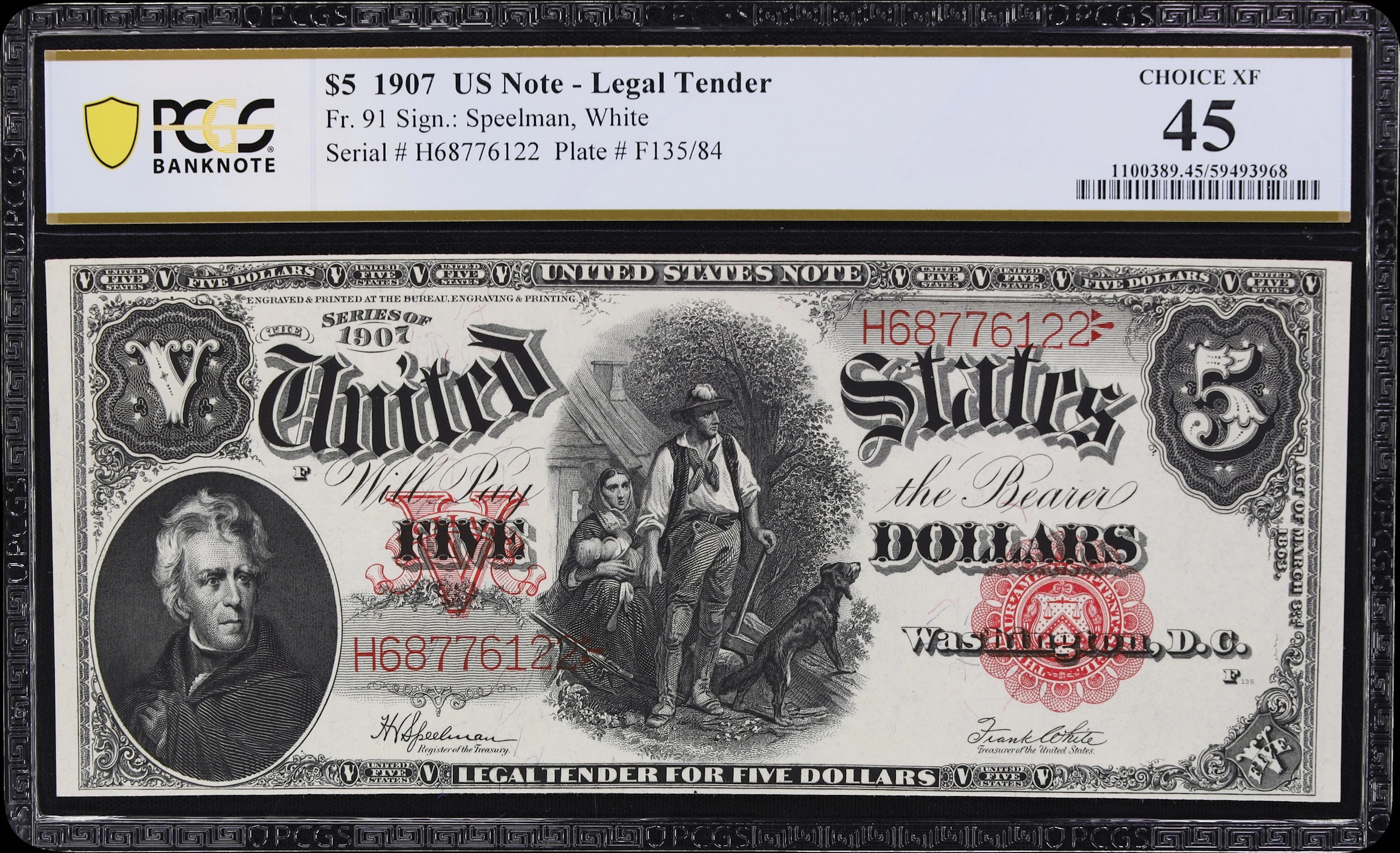 Fr. 91. 1907 $5 Legal Tender Note. PCGS Banknote Choice Extremely Fine 45.