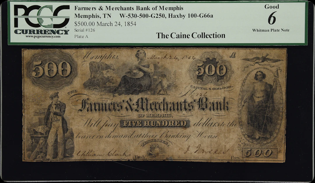 Memphis, Tennessee. Farmers & Merchants Bank of Memphis. 1854 $500.