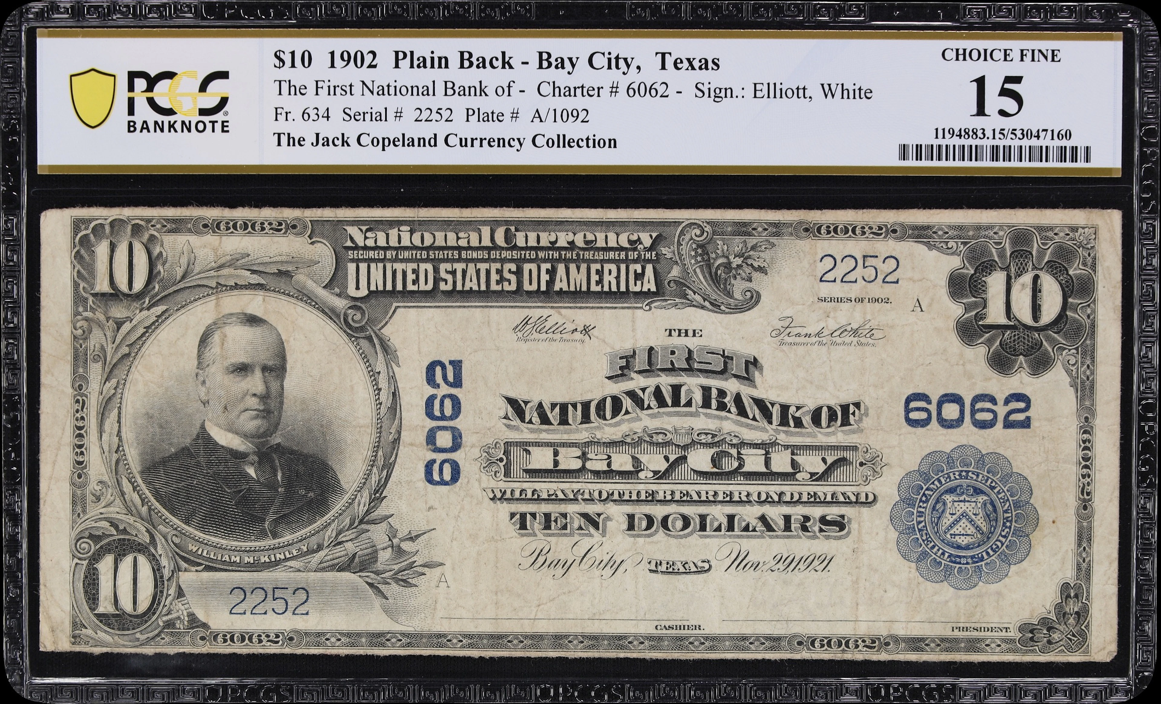 Bay City, Texas. $10 1902 Plain Back. Fr. 634. First NB. Charter #6062.
