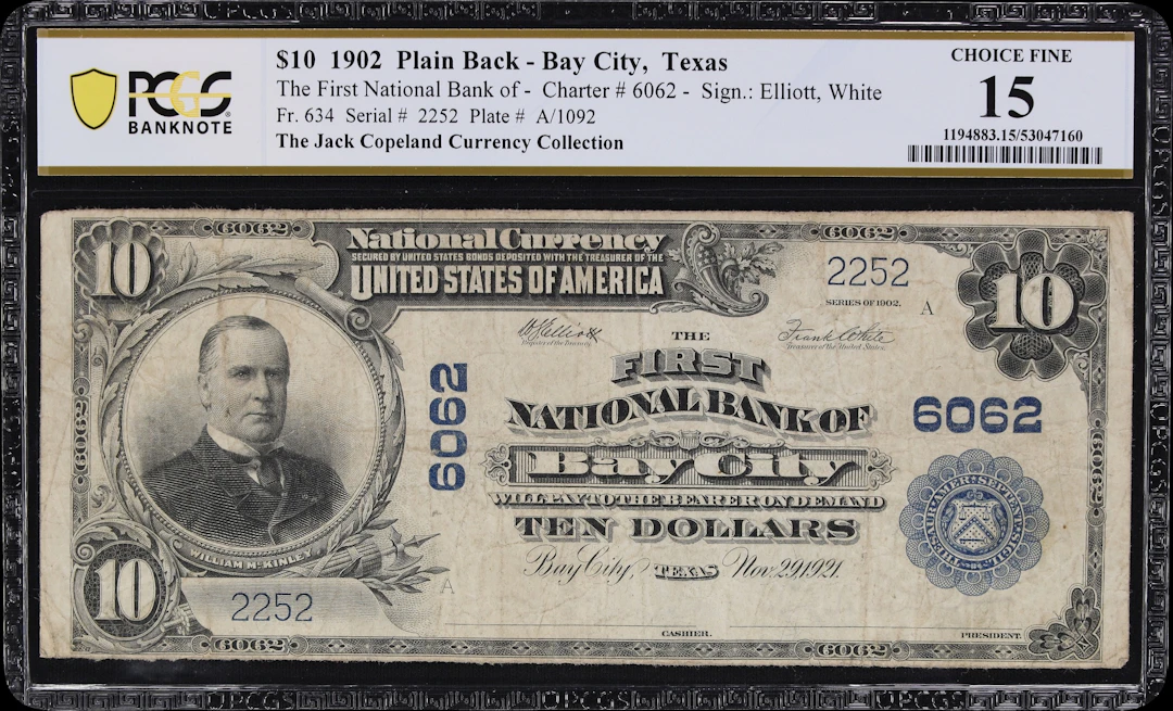 Bay City, Texas. $10 1902 Plain Back. Fr. 634. First NB. Charter #6062.