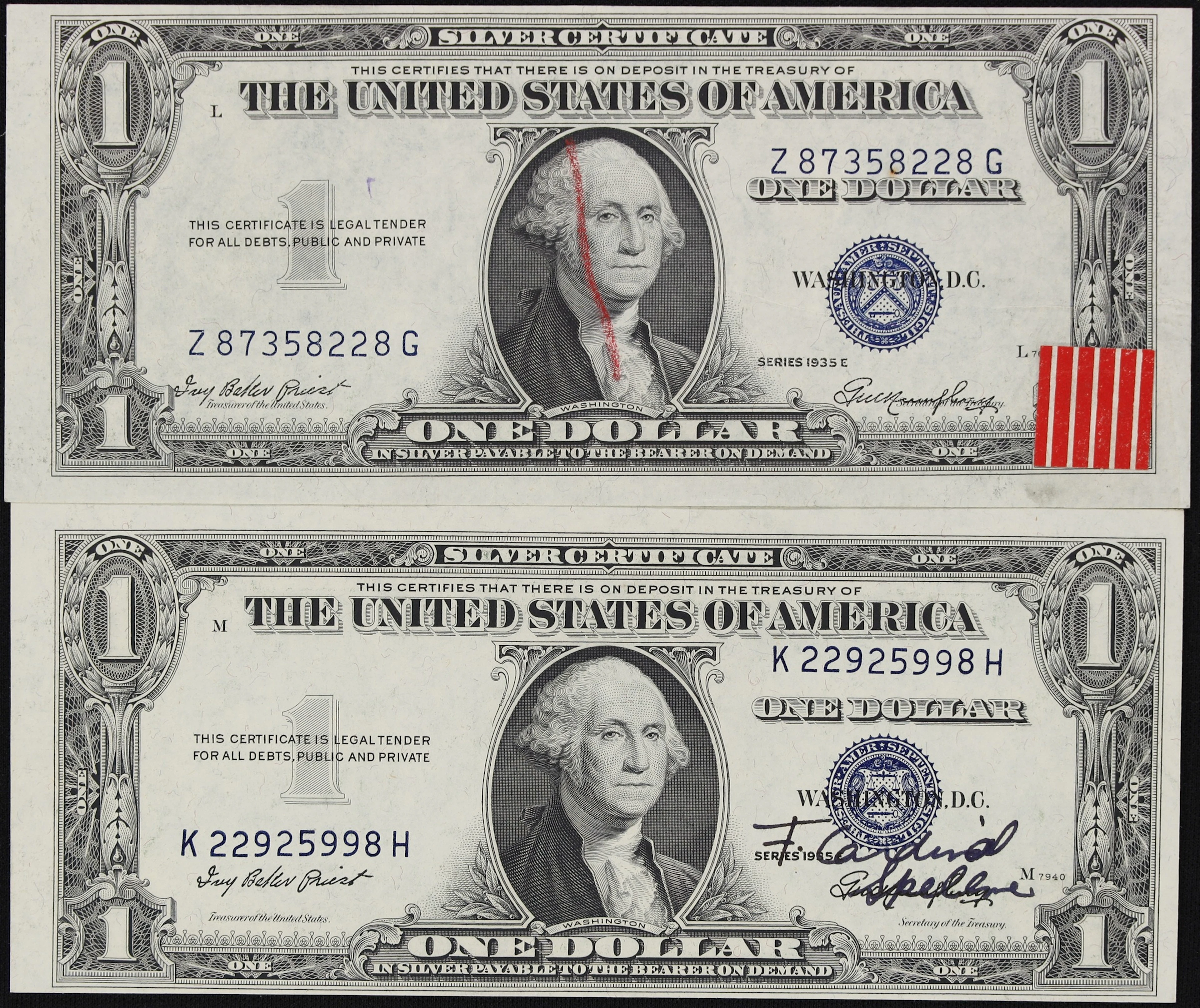 Lot of (2) Fr. 1614. 1935E $1 Silver Certificates. Choice Uncirculated.