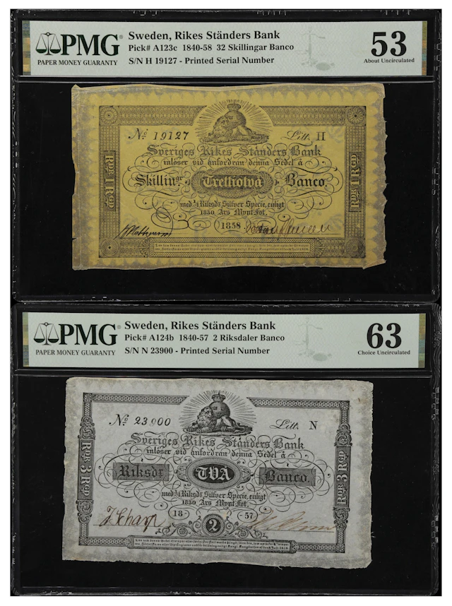 (◊) SWEDEN. Lot of (2). Rikes Standers Bank. 2 Riksdaler Banco & 32