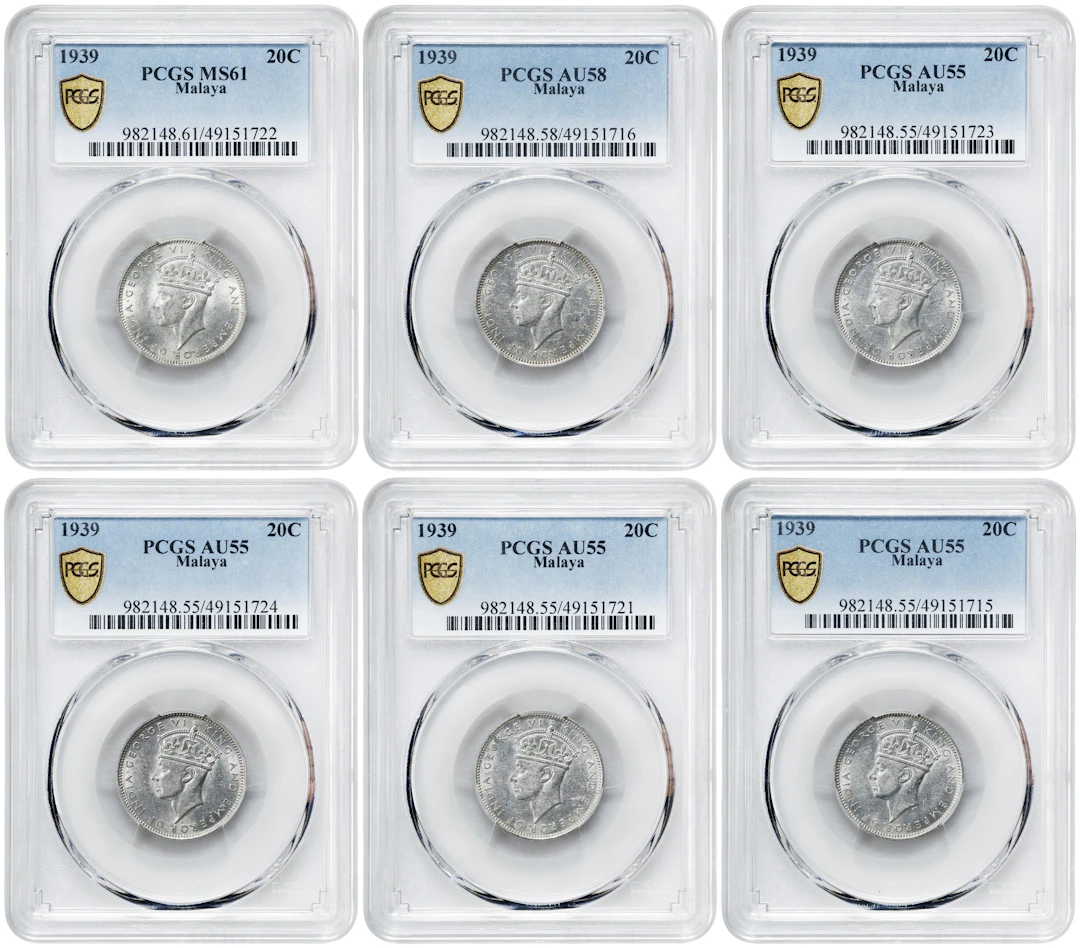 MALAYA. Sextet of 20 Cents (6 Pieces), 1939. London Mint. George VI.