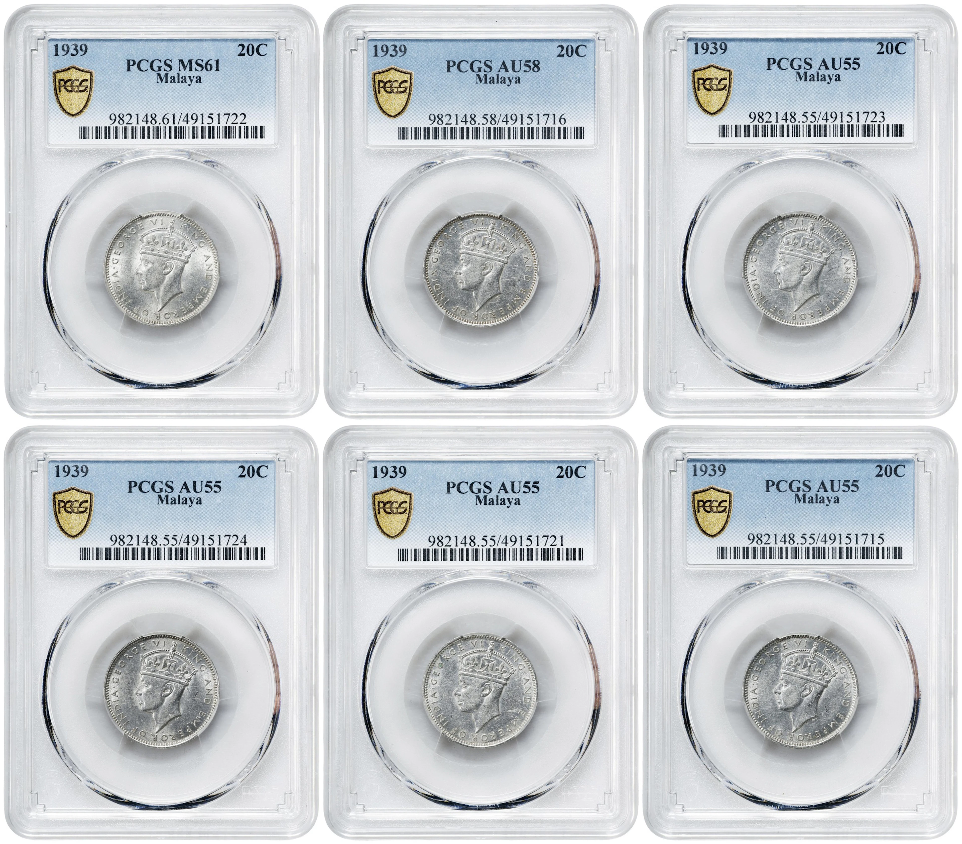MALAYA. Sextet of 20 Cents (6 Pieces), 1939. London Mint. George VI.