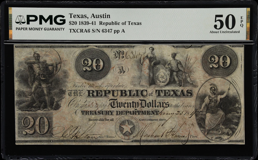 Austin, Texas. Republic of Texas. 1840 $20. PMG About Uncirculated 50 EPQ.