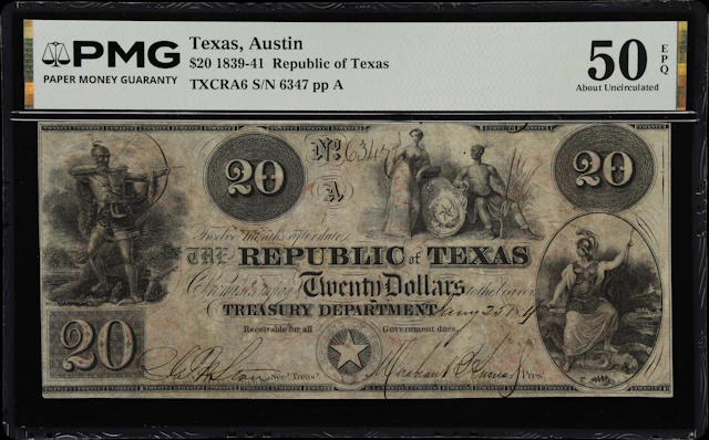 Austin, Texas. Republic of Texas. 1840 $20. PMG About Uncirculated 50 EPQ.