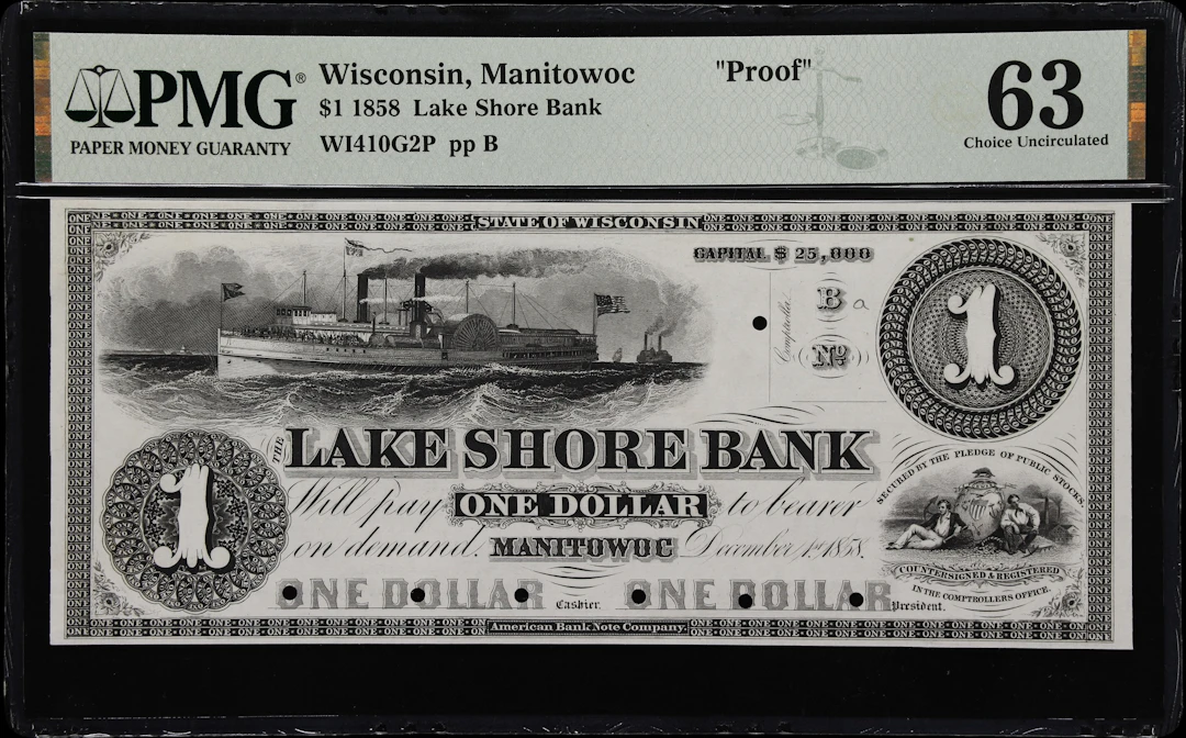 Manitowoc, Wisconsin. Lake Shore Bank. 1858 $1. PMG Choice Uncirculated
