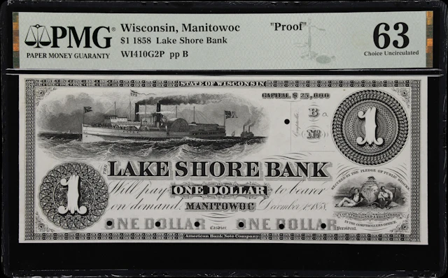 Manitowoc, Wisconsin. Lake Shore Bank. 1858 $1. PMG Choice Uncirculated